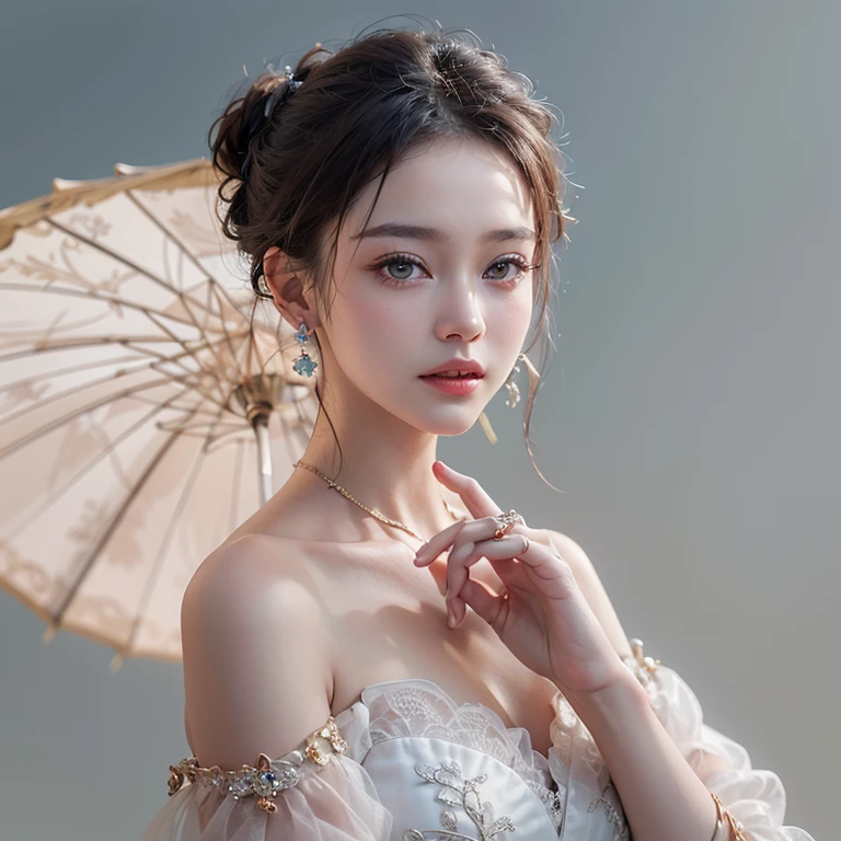 A woman holding a parasol stands on top of a hill、Gothic Dress、青空と雲1 girl, Highest quality, masterpiece, Ultra-high resolution, (Realistic:1.4), RAW Photos, 1 girl, Cinema Lighting,((Highest quality、masterpiece、8k、Best image quality、Ultra-high resolution、Award-winning works)、(Accurate anatomy:1.1)、Highly detailed face、Attention to detail、double eyelid、Sharp focus:1.2、Beautiful woman:1.4、Highest quality、masterpiece、Ultra-high resolution、(Realistic:1.4)、Highly detailed and professionally lit smiles、Serious expression、Two Arms, Complete Hそして, Beautiful body, Beautiful fingers, Normal finger, Five Fingers, Five Fingers, (Thumb Index Finger Ring Finger), Beautiful ears、 Normal ear, Beautiful Eyes, Shining Eyes, Beautiful mouth, Beautiful Lips,Luxurious rings、Luxury accessories