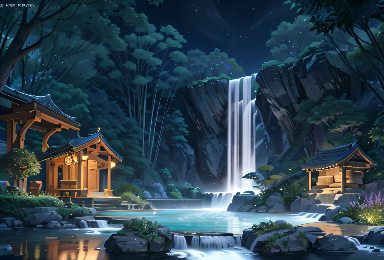 Animal crossing architecture, moon, Midnight, garden, bamboo, lake, stone bridge, rockery, arch, corner, wood, water flowing, waterfall, Shopping Centre, landscape, Outdoor, waterfall, Grass, rock, Water Lily, hot spring, water vapor, (figure: 1.0), A magnificent composition, Realistic lighting, HD detailed, masterpiece, Highest quality, (very detailed CG unity 8k wallpaper), wallpaper (Highest quality) - At six o&#39;clock