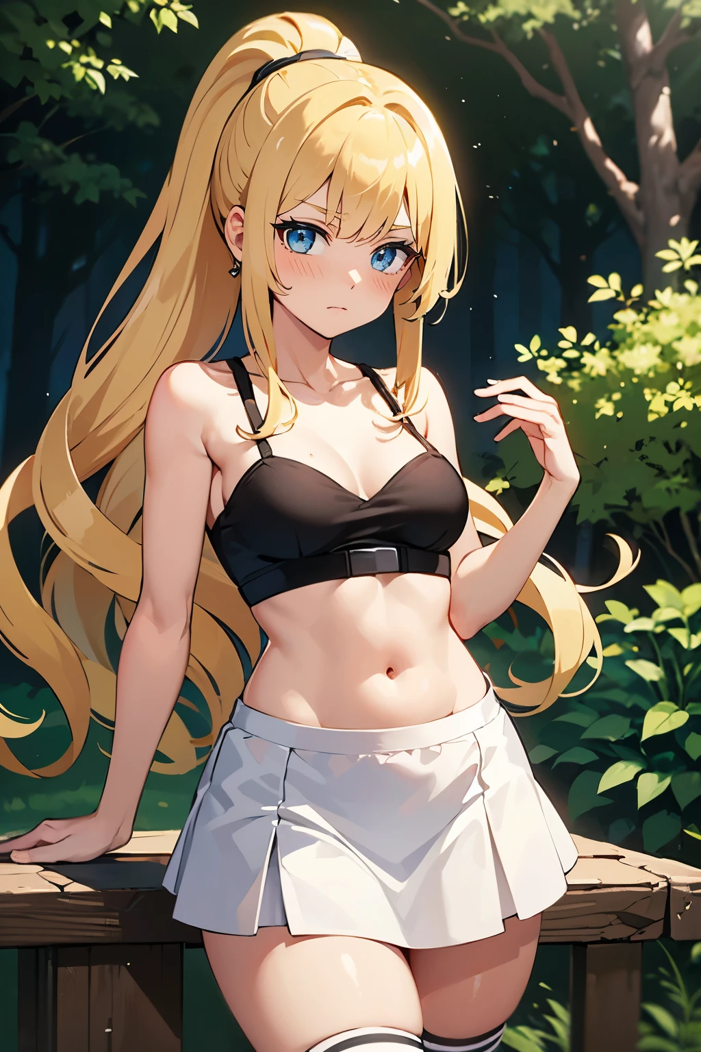Safe for work, masterpiece, best quality, solo, 1 girl, cute girl, wholesome girl, (young female body:1.4), ( medium small breasts), cowboy shot, shy smile, flustered, yellow golden hair, extra long hair, thick wavy hair, hime cut, very blunt bangs, light blue eyes, white compression top, white tube top, black skirt, knee high socks, forest background, high ponytail