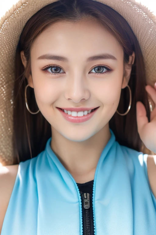 ((best quality, 8K, masterpiece: 1.3)), 1 girl, Slim, Vest: 1.1, Super thin face, Exquisite eyes, Double eyelids, Drooping eyes, Smile, 20 years old, Large Brea, (smile:1.2), open mouth,