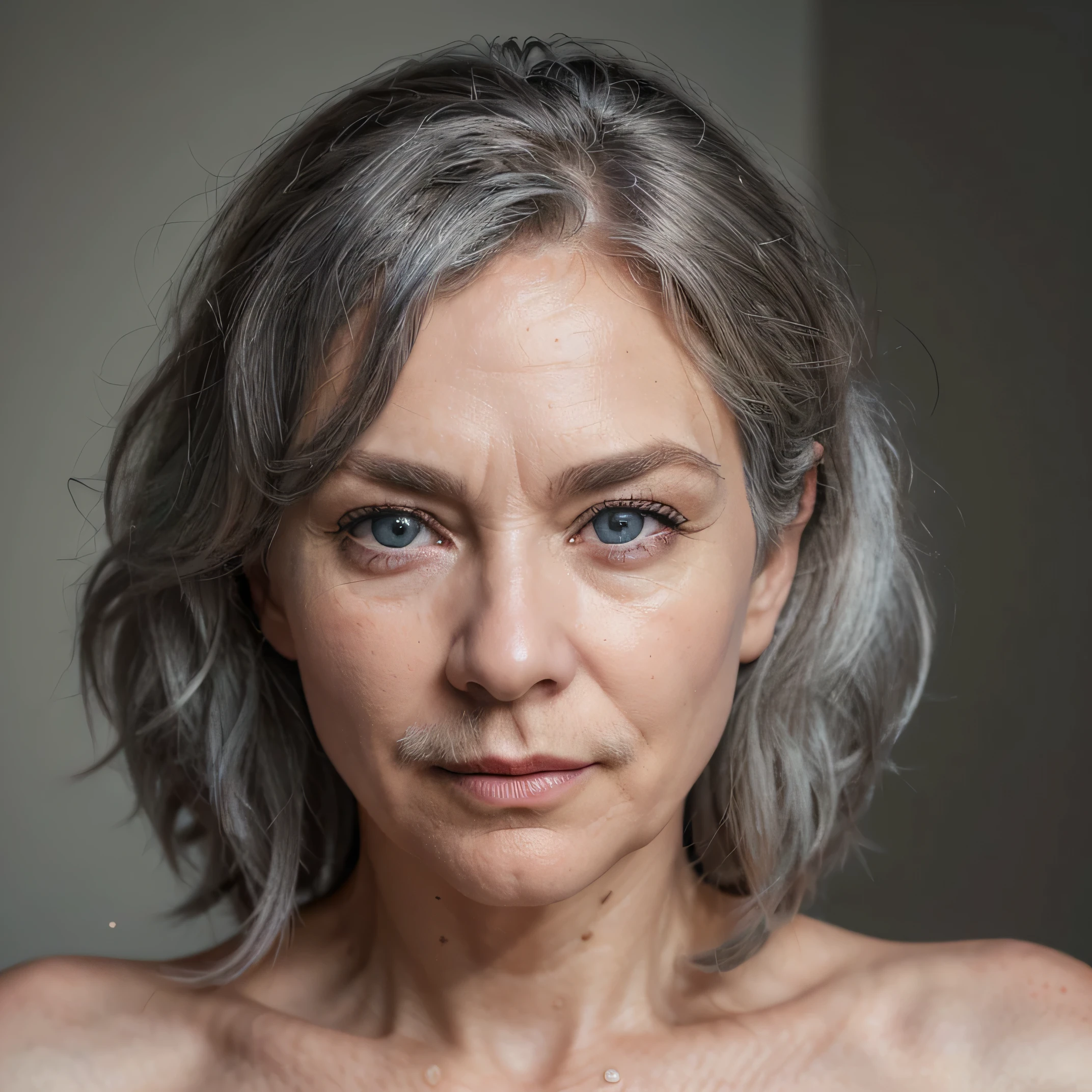 (best quality, ultra-detailed, realistic:1.37), 60 year old Swedish female, grey hair, medium length curly layered hairstyle, bright blue eyes, high cheek bones, pale skin tone, shot on a Canon EOS R6 Mark II camera, bent over, looking over shoulder, visible beard hair, visible dark moustache, waxing face