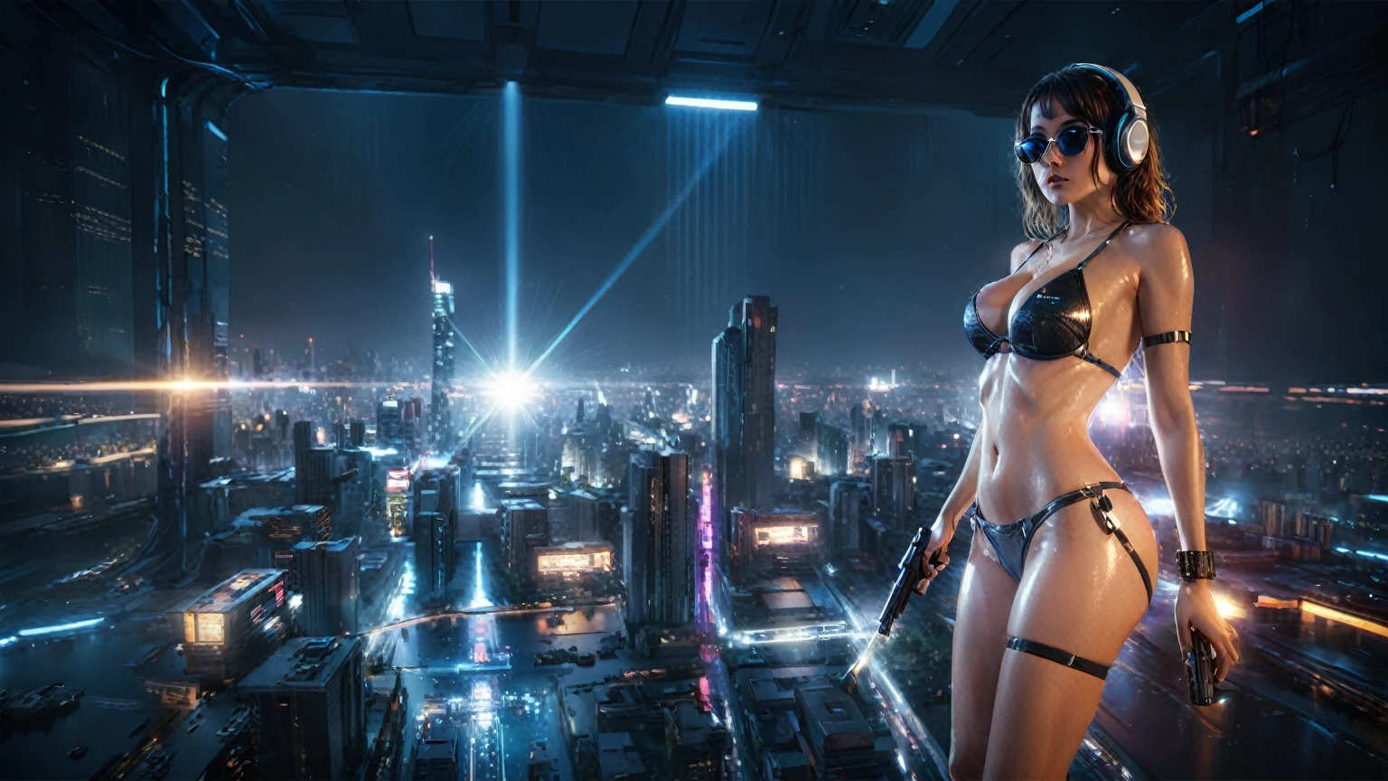 (((aerial view))), Blade Runner style futuristic city, neon lights, at night. (1girl, solo, alone), large-breast:1.2 slim body, cleavage:1.1, sexy lingerie with wet jacket, headphone, (black sunglasses), (((she raised a pistol:1.8 and shot:1.8 the viewer))), dynamic pose, (((half-body thigh level medium shot))), cinematic lighting, lens flare, ray tracing, blurred:1.4 background.