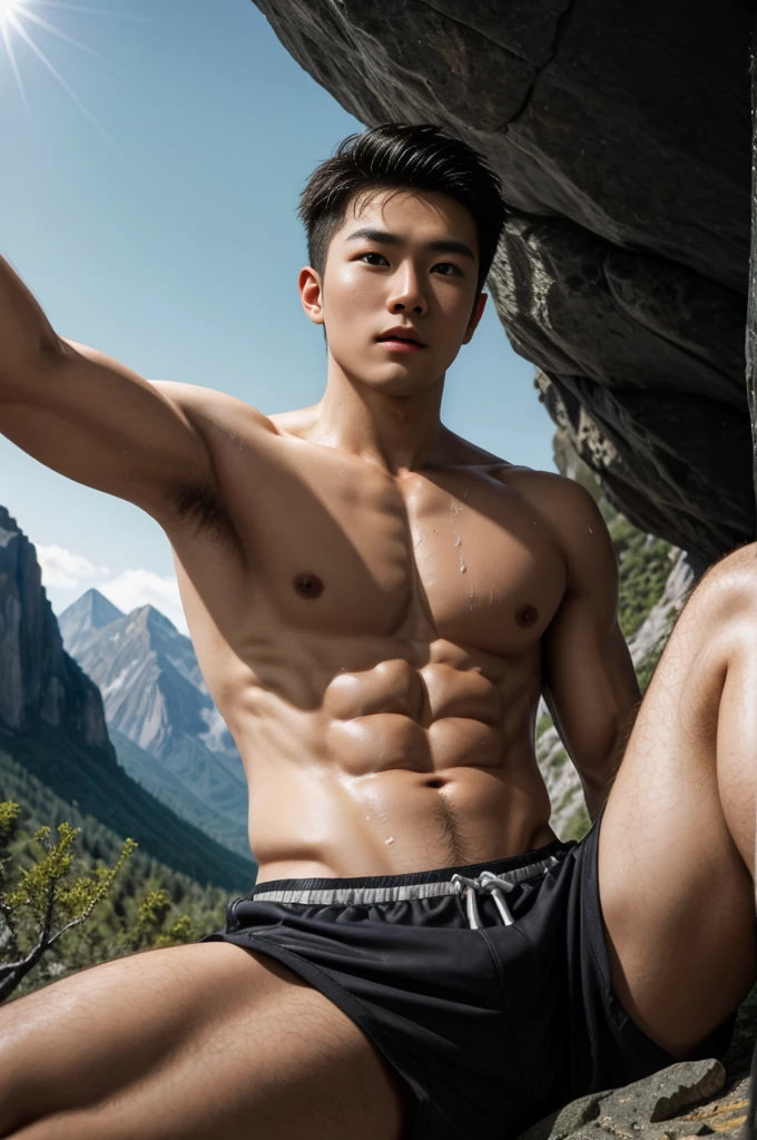 Masterpiece, best quality, high resolution, close up portrait, focus man, Focus only, Young Asian Man, pretty shirtless Sweating hairy guy hiking, Looking down at the camera angle, bleached blonde hair, 25 years old, Hiking and climbing, View from below, dirty, close up, Interesting view., thin and lean body, The face is beautiful, cute and masculine., Beaming, สวมเป้เดินป่าจ็อกสแตรปสีขาวdirty, Spread legs, dirty, Sweating, Hairy legs, thin, half naked, bare chest, There are mountains in the background., hiking trail, outdoor, View from below, amazing composition, HDR, Volumetric light, Special quality, elegant, Highly detailed