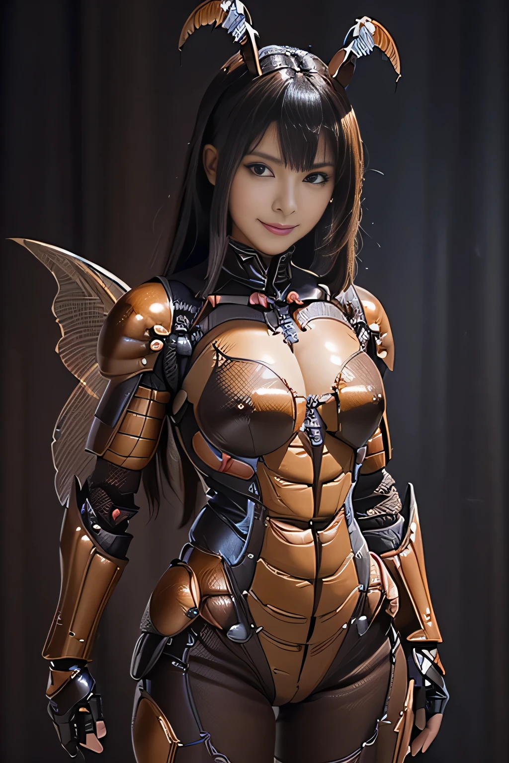 (high resolution,masterpiece,best quality,extremely detailed CG, anime, official art:1.4), realistic, photo, amazing fine details, all intricate, gloss and shiny,awesome many layers, 8k wall paper, 3d, sketch, kawaii, illustration,( solo:1.4), perfect female proportion,villainess, (fusion of dark brown cockroach and lady:1.4), (brown cockroach form lady:1.2), (brown cockroach lady:1.2), (fusion:1.2), (solo:1.4), (evil smile:1.2), muscular, abs, (cockroach brown exoskeleton bio insect suit:1.4), (cockroach brown exoskeleton bio insect armor:1.2), (brown transparency cockroach wing:1.4), (brown cockroach antennae:1.3),