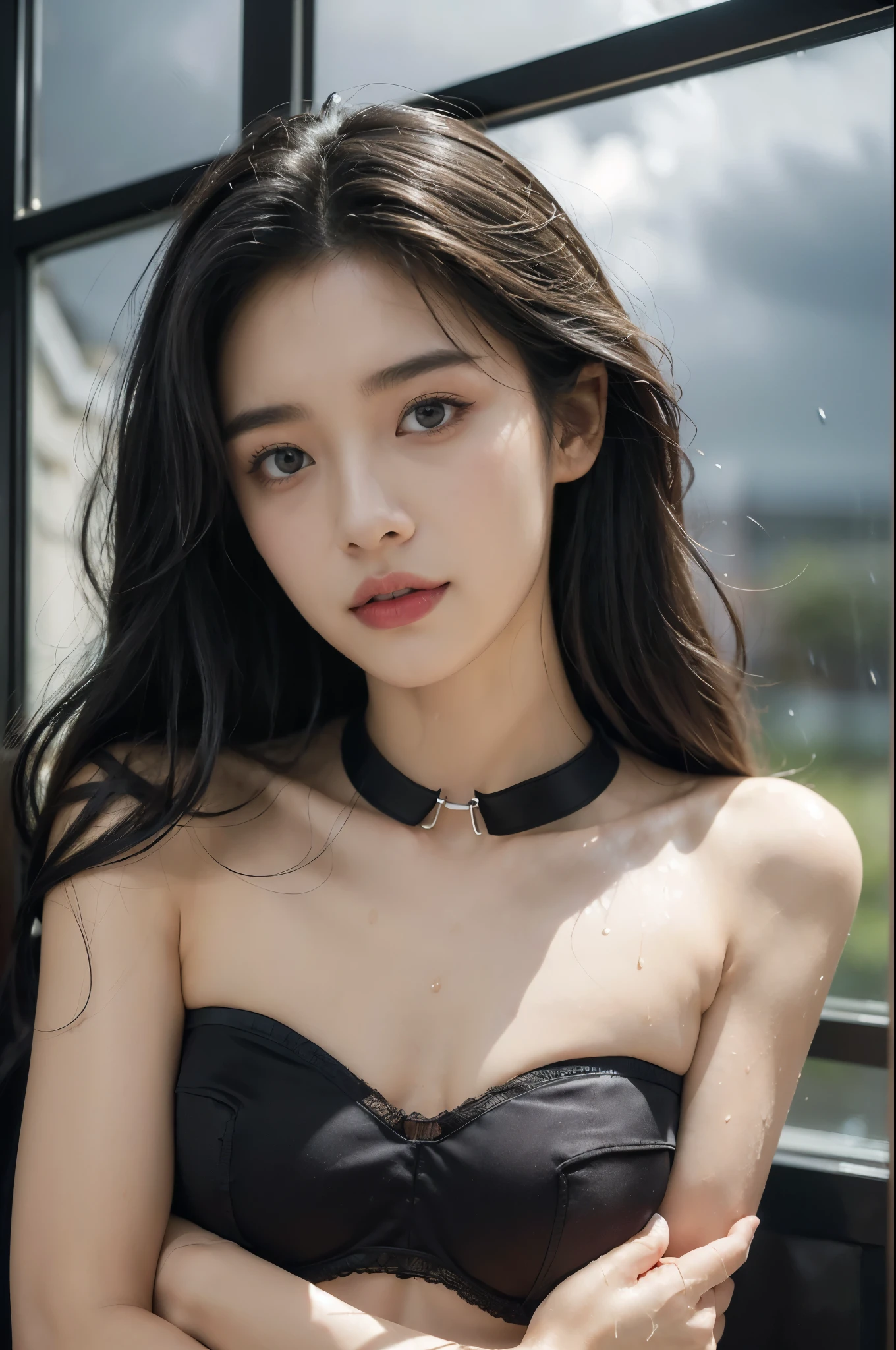 (((best quality))),(((ultra detailed))),(((masterpiece))),illustration,((a beautiful girl,solo)),(dog collar:1.2),((slim,thin)),((small breasts,flat chest)),(((sweat,wet))),in bedroom,((violent storm, glass window, shaking, rain, wind,clock, wall, calendar, bed)), soft covers, tenderness,(shoulder length straight bob hair:1.2), deep eyes, mix of emotions,(strapless black sheer bra:1.3),billowing, face serene, hint of melancholy, dimly lit room, lightning, illumination, shadows, dancing walls, gentle smile, relief, inner turmoil, calm composed, gazing into darkness, thoughts of love, storm metaphor, chaos, solace, arms of beloved, love story, ups and downs, pain and joy, souls bound by fate, enduring, stormy weather,(night scene:1.3),((from front,close-up of face))