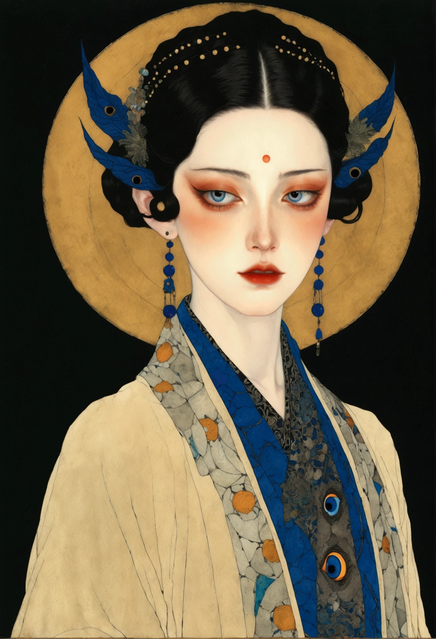 The art of math,Digital Illustration,Drawing,Decorative paintings,Watercolor,(((Harry Clark (Harry Clarke) style,圣地亚哥·卡鲁索style))),Simple,clean,Fine painting style,(((The third eye on the forehead。Eyeliner,short hair,Pointed ears,robe))),Wide Angle,Black and blue,Solid color background,Human anatomy is correct