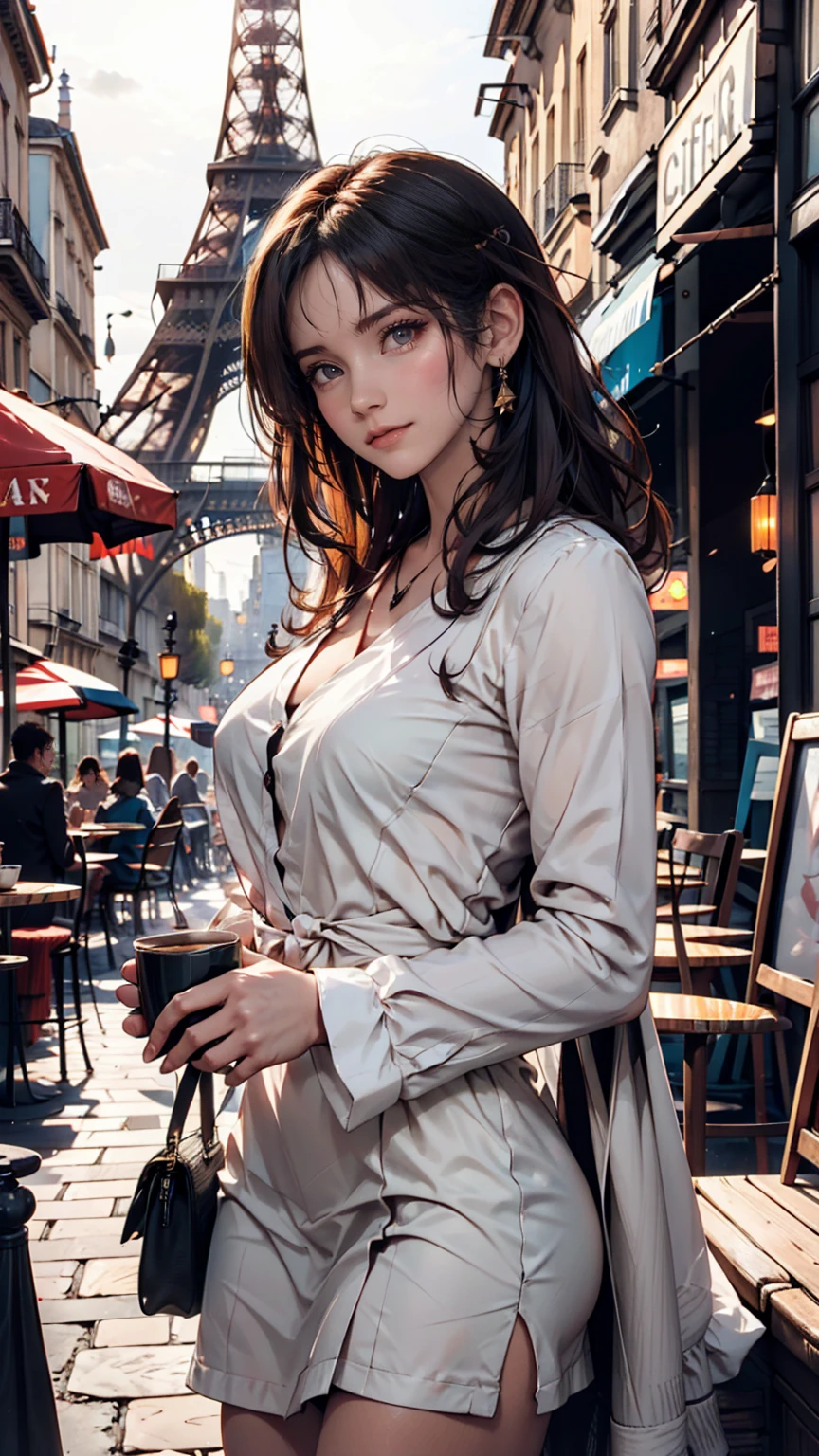 Cafe terraces in Paris**: With the Eiffel Tower in the background、Woman enjoying coffee on a cafe terrace in the old town。Parisian streetscape and French fashion stand out。