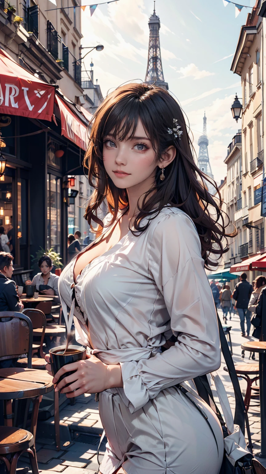 Cafe terraces in Paris**: With the Eiffel Tower in the background、Woman enjoying coffee on a cafe terrace in the old town。Parisian streetscape and French fashion stand out。