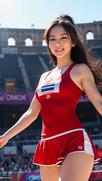 best quality, high quality, ultra quality, 8k, masterpiece, detailed, extremely detailed, insanely detailed, ultra detailed, ultra highres ,exquisite, lifelike Images,cinematic experience,UHD picture,Realistic,photorealistic,hyperrealistic,vivid,RAW photo,shot by DSLR, 
one girl, upper body,half smile, (Roman Colosseum), Gladiators, fighting stance, crowd of spectators,(Olympic Flag)
