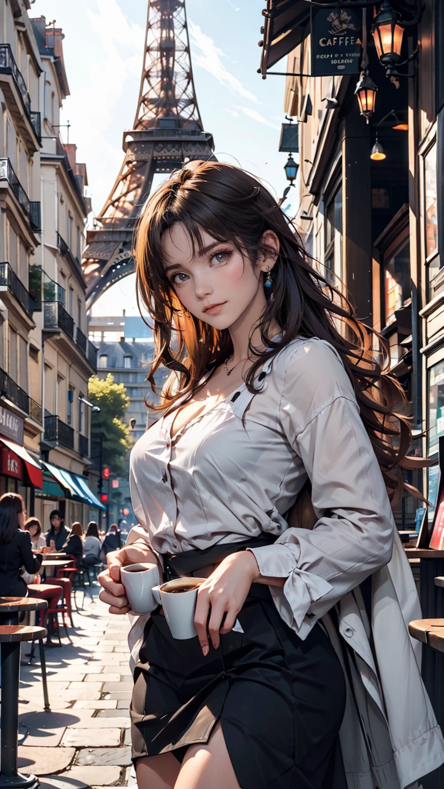 Cafe terraces in Paris**: With the Eiffel Tower in the background、Woman enjoying coffee on a cafe terrace in the old town。Parisian streetscape and French fashion stand out。