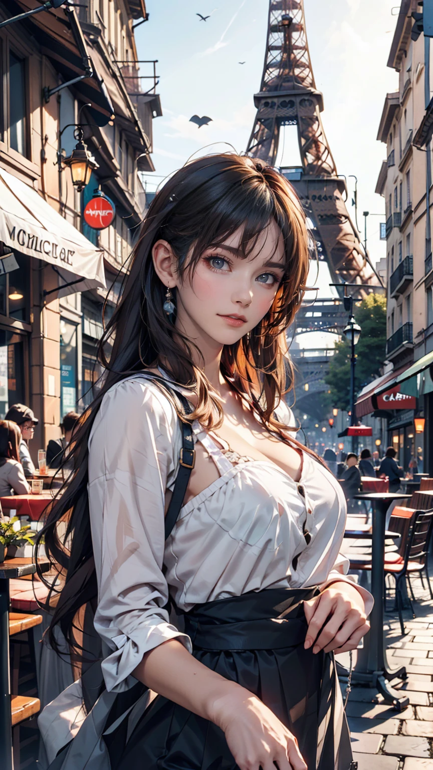 Cafe terraces in Paris**: With the Eiffel Tower in the background、Woman enjoying coffee on a cafe terrace in the old town。Parisian streetscape and French fashion stand out。