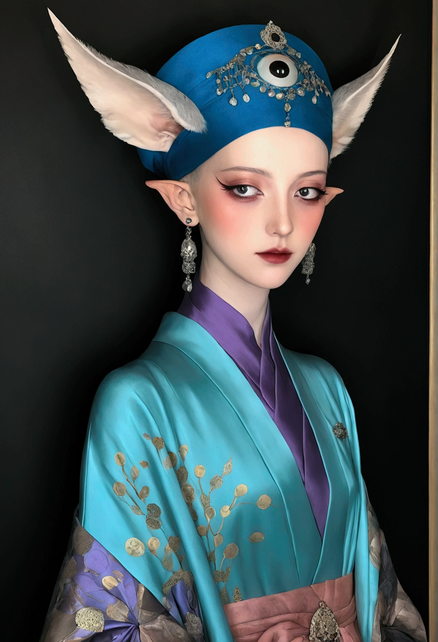 The art of math，Digital Illustration，Drawing，Decorative paintings，Watercolor，(((Harry Clark (Harry Clarke) style,圣地亚哥·卡鲁索style)))，Simple，clean，Fine painting style，(((flattery，Many eyes on the hat。short hair，Pointed ears，robe)))，Wide Angle，Black and blue，Solid color background，Human anatomy is correct