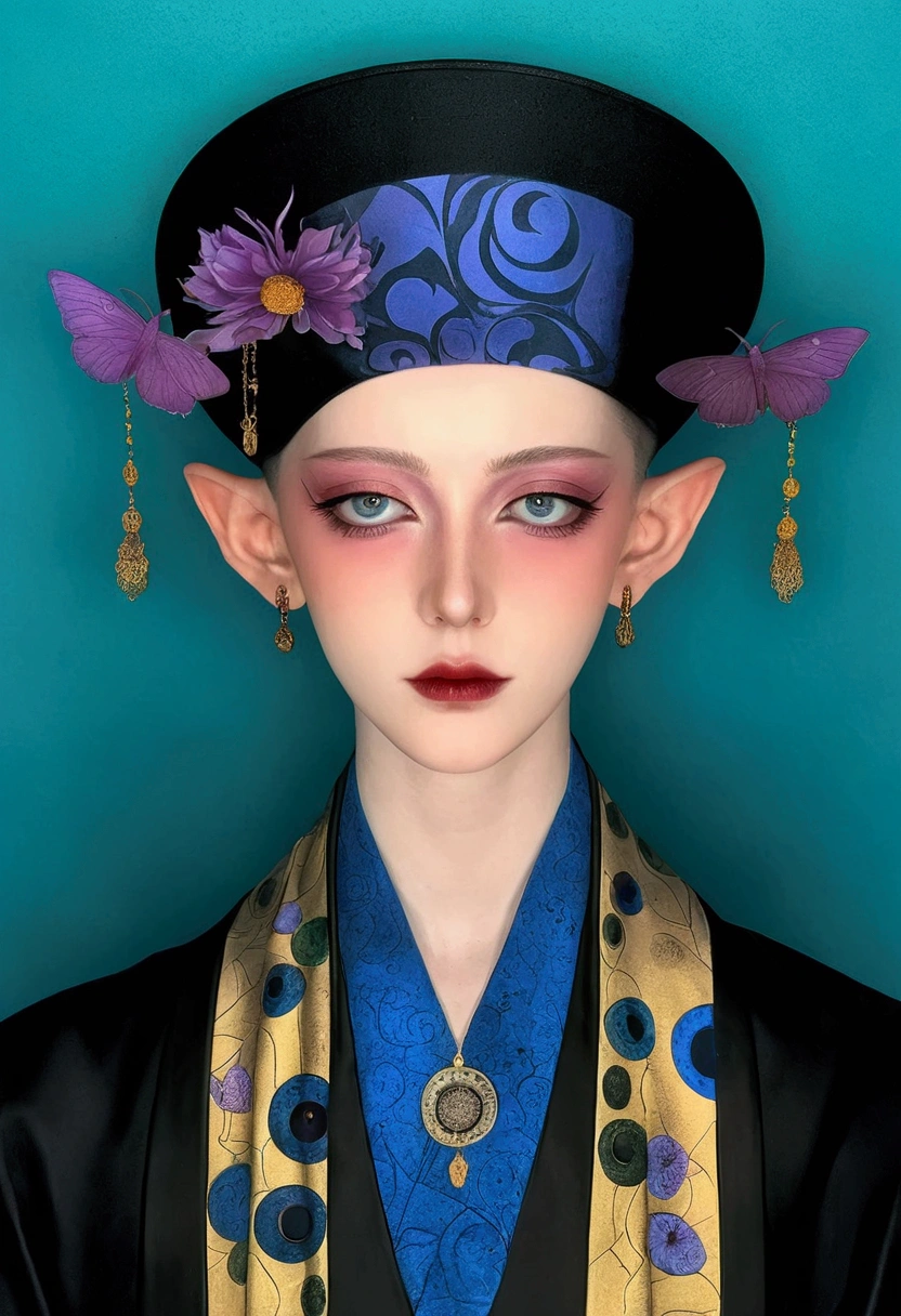 The art of math,Digital Illustration,Drawing,Decorative paintings,Watercolor,(((Harry Clark (Harry Clarke) style,圣地亚哥·卡鲁索style))),Simple,clean,Fine painting style,(((flattery,Many eyes on the hat。short hair,Pointed ears,robe))),Wide Angle,Black and blue,Solid color background,Human anatomy is correct