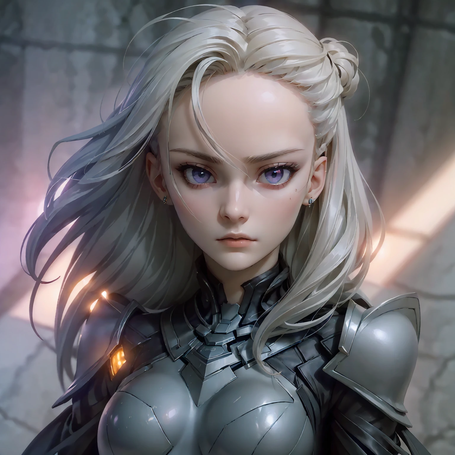 (((masterpiece, best quality, 16k))) solo female, full-body, long darkblue hair, purple eyes, emotionless expression, perfect face, bodysuit armor, white glowing parts, sci-fi style, vibrant colors, futuristic lighting, detailed hair strands, metallic texture, sleek design, dynamic pose