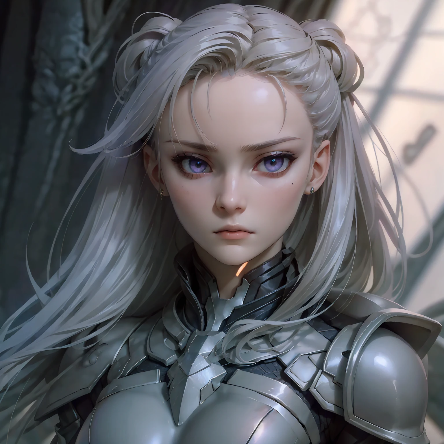 (((masterpiece, best quality, 16k))) solo female, full-body, long darkblue hair, purple eyes, emotionless expression, perfect face, bodysuit armor, white glowing parts, sci-fi style, vibrant colors, futuristic lighting, detailed hair strands, metallic texture, sleek design, dynamic pose