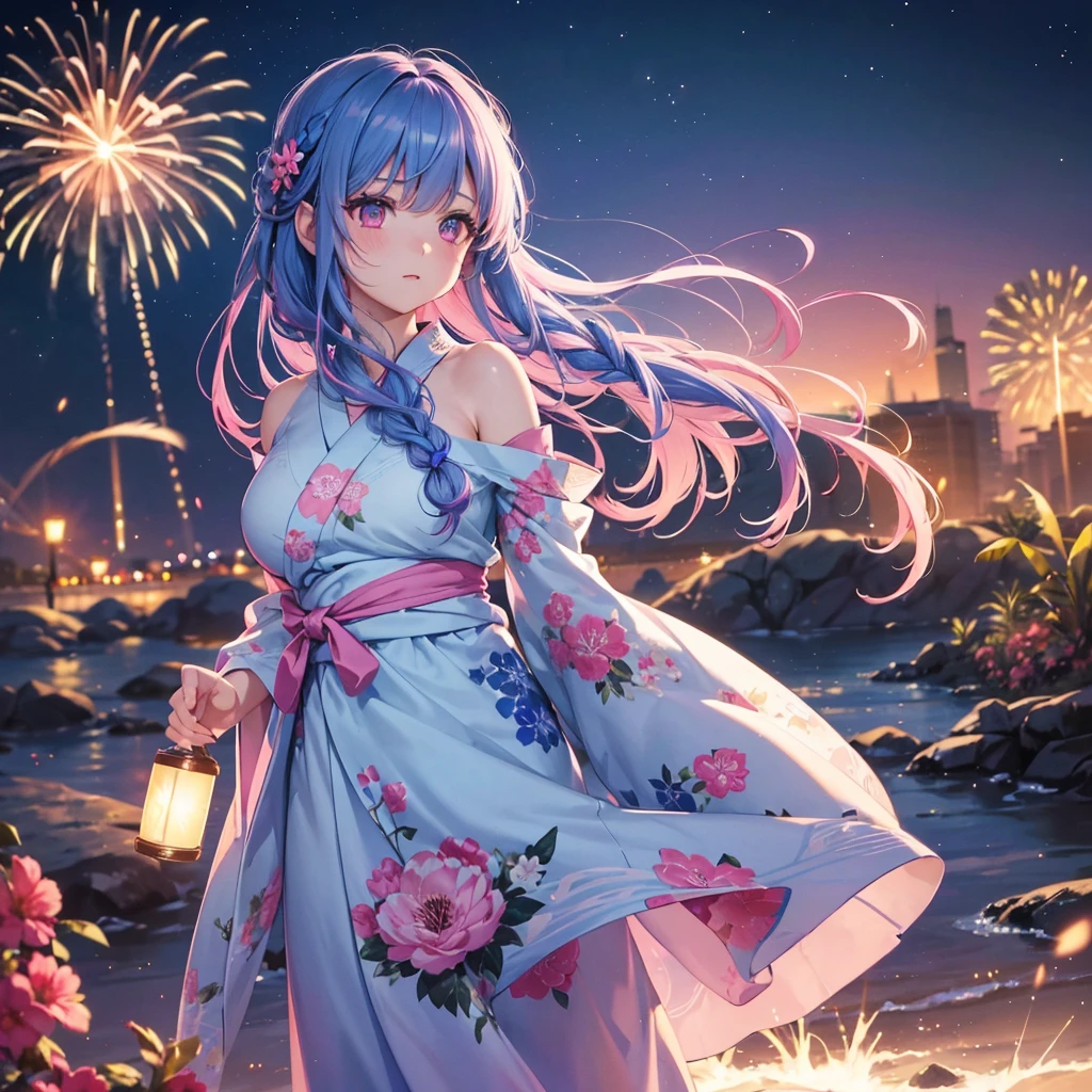 Sky Blue Medium Hair, (Braided Hair),(Pink Eyes),Fair skin ,(whole body),(1 girl)、Floral Yukata、summer night、Extra-large fireworks filling the night sky、Big fireworks、Straight bangs,(masterpiece, Highest quality, Very detailed, Best Shadow), (Detailed Background), 8k、(Beautifully detailed face), High Contrast, (Best lighting, Very delicate and beautiful), ((Cinematic Light)), colorful, Hyper Detail, Dramatic Light, Intricate details,