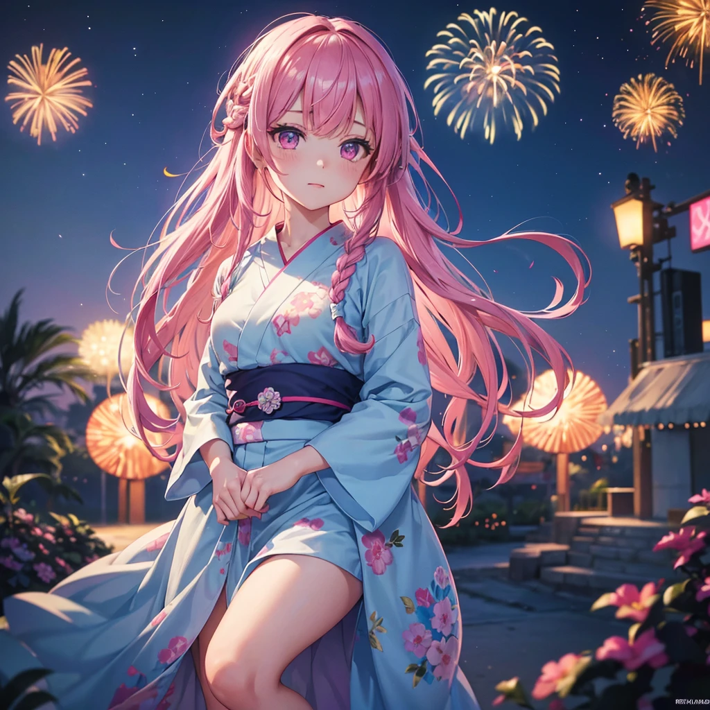 Sky Blue Medium Hair, (Braided Hair),(Pink Eyes),Fair skin ,(whole body),(1 girl)、Floral Yukata、summer night、Extra-large fireworks filling the night sky、Big fireworks、Straight bangs,(masterpiece, Highest quality, Very detailed, Best Shadow), (Detailed Background), 8k、(Beautifully detailed face), High Contrast, (Best lighting, Very delicate and beautiful), ((Cinematic Light)), colorful, Hyper Detail, Dramatic Light, Intricate details,