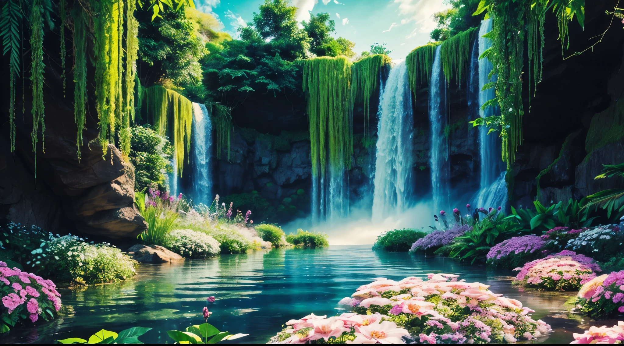 dreamy cosmic, colorful nebulae, lush vegetation surface, vibrant flowers, floating garden, soft glow, ethereal atmosphere, exotic blossoms, crystalline streams, misty waterfalls,