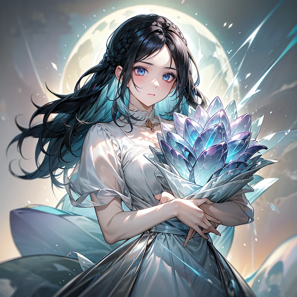 black hair, colored inner hair, light blue hair, gradient hair, french braid, Surrealism, アニメ, glowing light, 8k, super detail, uhd, masterpiece, accurate, anatomically correct, textured skin, super detail, high details, high quality, award winning, best quality, Highres celebration、Party、dress、Girl、bouquet