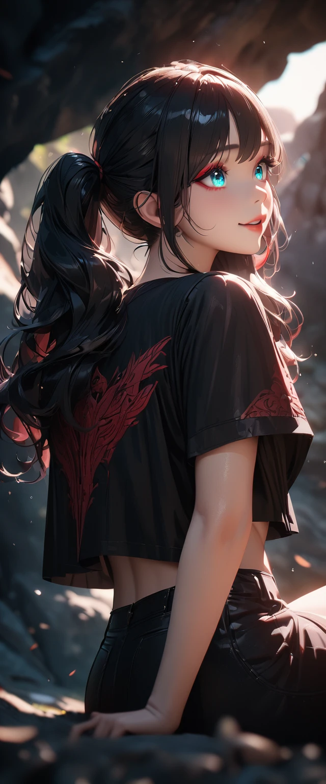 Photo of a girl with natural skin, High Twintails, , ((Baby Face)), Smiling, ((Sitting, Leaning forward)), From the side, Round face, Red mesh hair, ((Upper Body)), Beach cave, The light is shining in, Black hair with red mesh, Sharp eyes with red eyeshadow, Blue-green eyes, Shining eyes, A thin, upturned nose, Well-shaped lips, ((crop top overhang, Short sleeve, Black clothes, Glamour body)), Makeup, Exquisitely crafted with the utmost attention to detail, Vibrant, amazing, Smooth, Cinematic, 4K, Backlight, (()), Shallow depth of field, ((Detailed eyes:1.3, Detailed lips:1.3, high quality, )), masterpiece, Super detailed images, High quality
