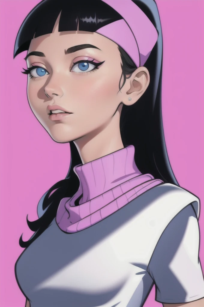 masterpiece, best quality,3d rending work ,3DMM style close-up,portrait, 3D,1girl, solo, realistic, upper body, simple background,  trixie tang   headband, long hair, black hair, white miniskirt, (pink turtleneck), blue eyes, pink eyeshadow, smooth hair,