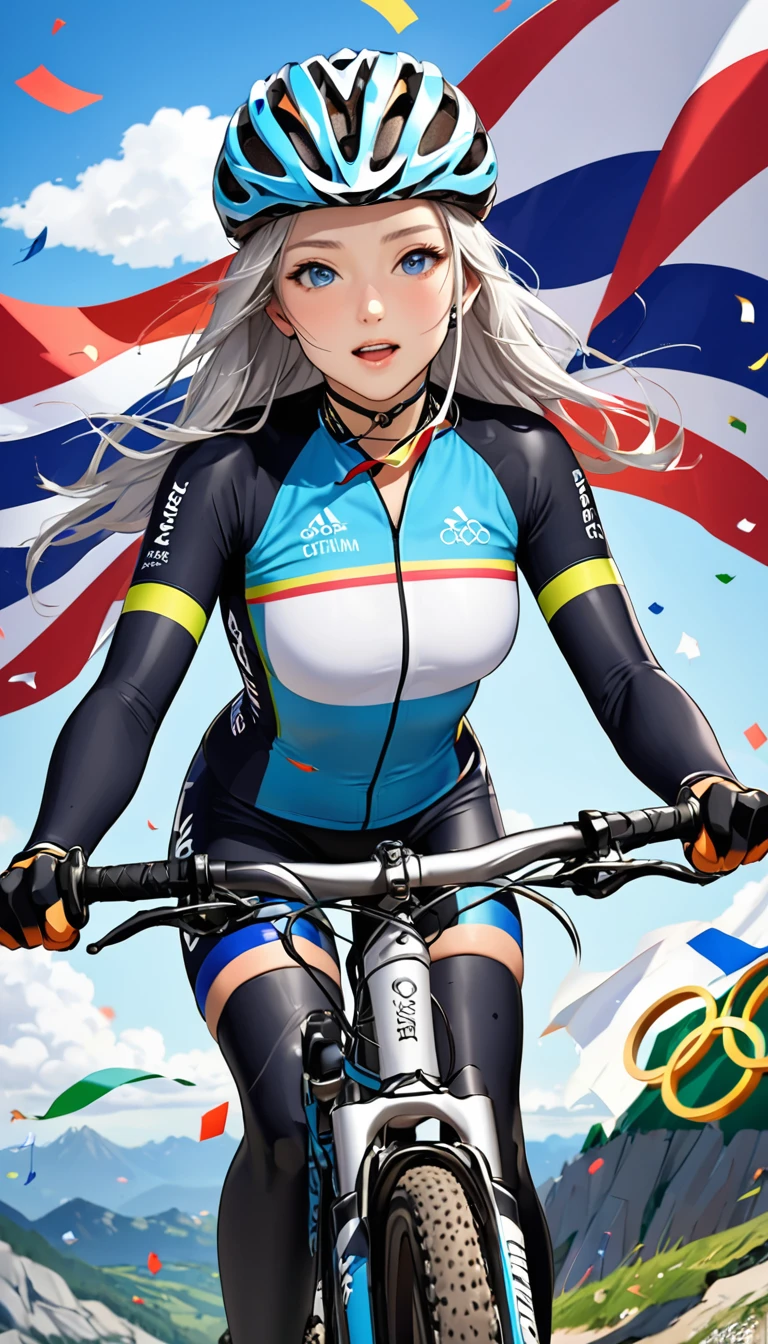 Highest quality, Great quality, 16K, Unbelievably absurd, Very detailed, 2.5D, delicate and dynamic, blue sky, Confetti, Olympic Flag, Mountain bike, Downhill, , Small face, Very delicate facial expressions, Delicate eye depiction, Very fine hair, Upper body close-up, erotic, The only sexy Japanese woman, Healthy body shape, 22-year-old woman, Olympian, Cycling,  Large, firm, swaying bust, Silvery long hair, Sexy long legs, Glowing Skin, Soft Skin, Bike riding clothes, protector, Helmet, Gold medal around your neck, Leather trousers, Knee-high boots, Mountain bike, 