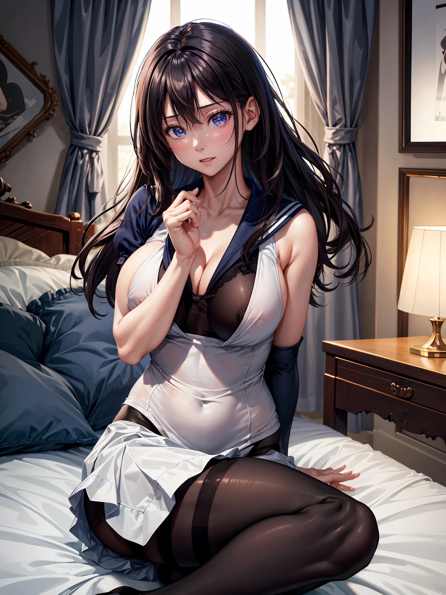 (1 Girl:1.2),(high quality), (High resolution), (Very detailed), (8k),(Demolition paperback correct)、Sexy Lingerie、Wearing a sailor uniform、((Focus on the whole body))、Nipple Shape、((Black Pantyhose))、Hair messed up by strong wind、Neutral White Lighting,Sexy pose、