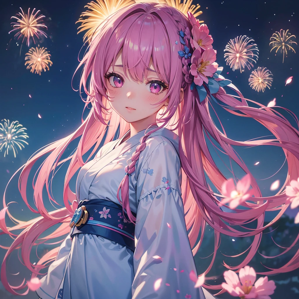 Sky Blue Medium Hair, (Braided Hair),(Pink Eyes),Fair skin ,(whole body),(1 girl)、Floral Yukata、summer night、Extra-large fireworks filling the night sky、Big fireworks、Straight bangs,(masterpiece, Highest quality, Very detailed, Best Shadow), (Detailed Background), (Beautifully detailed face), High Contrast, (Best lighting, Very delicate and beautiful), ((Cinematic Light)), colorful, Hyper Detail 8k, Dramatic Light, Intricate details,