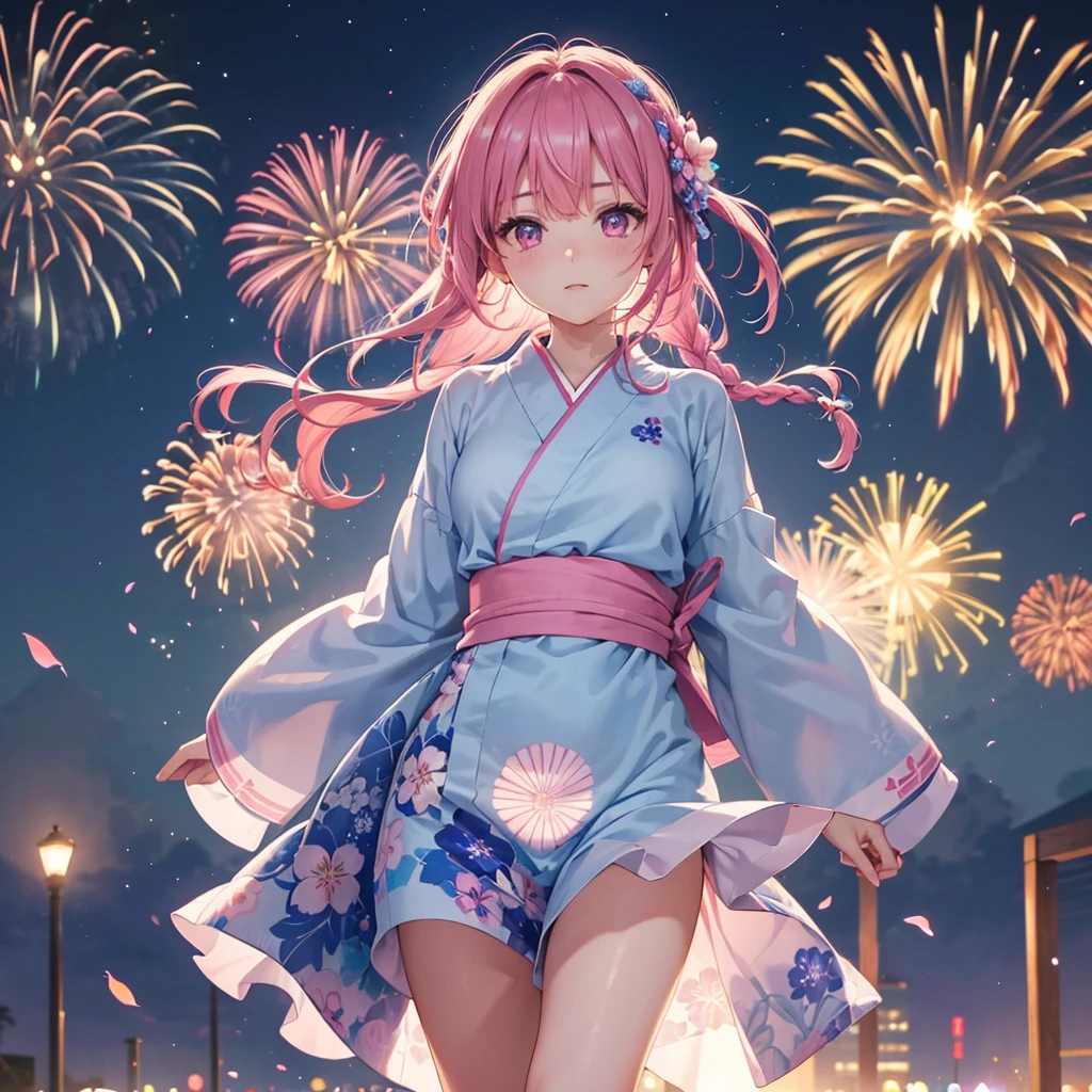 Sky Blue Medium Hair, (Braided Hair),(Pink Eyes),Fair skin ,(whole body),(1 girl)、Floral Yukata、summer night、Extra-large fireworks filling the night sky、Big fireworks、Straight bangs,(masterpiece, Highest quality, Very detailed, Best Shadow), (Detailed Background), (Beautifully detailed face), High Contrast, (Best lighting, Very delicate and beautiful), ((Cinematic Light)), colorful, Hyper Detail 8k, Dramatic Light, Intricate details,