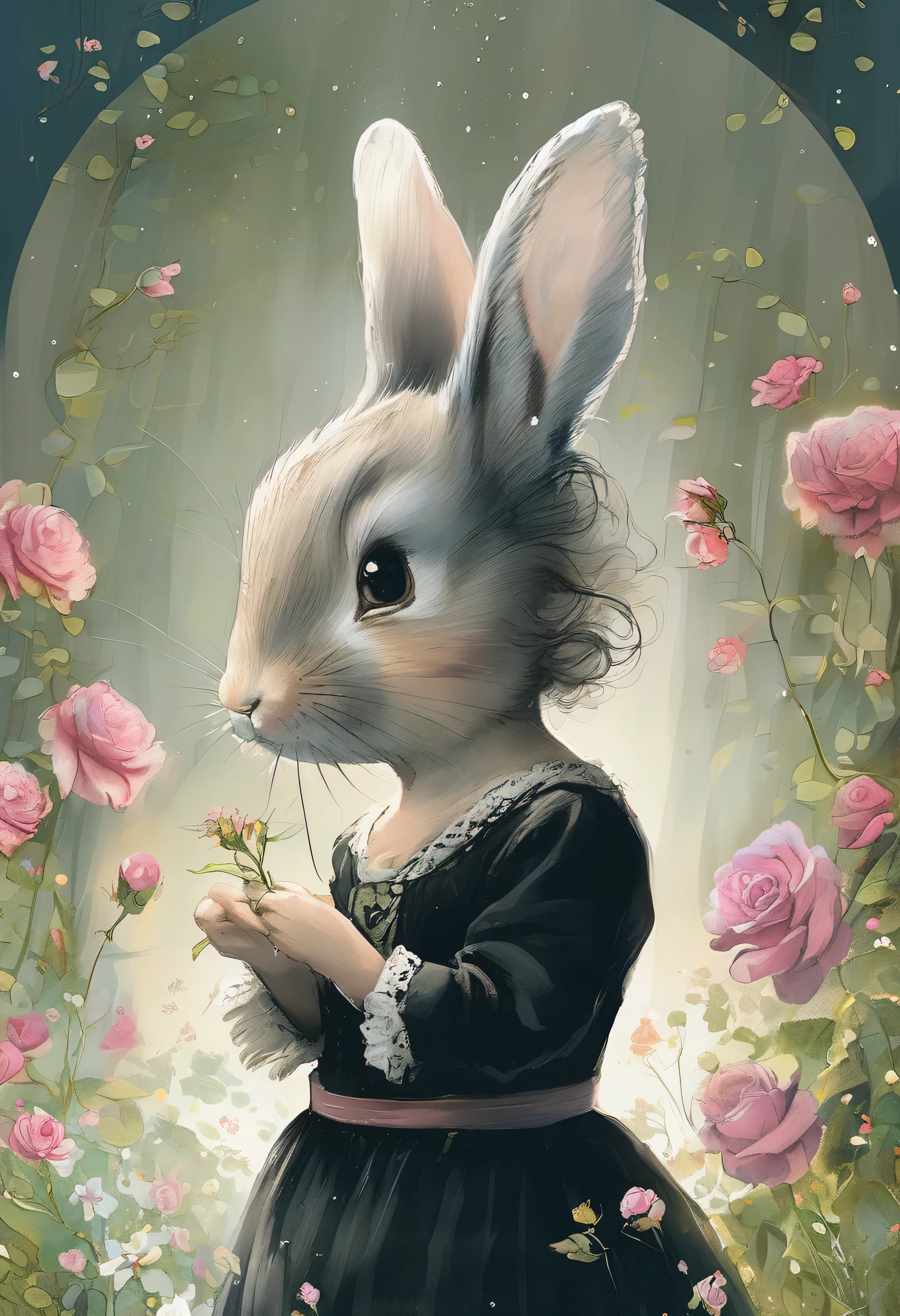 ((masterpiece, Highest quality)),Best aesthetics,One girl, alone, Long Hair, Black Dress, flower, ribbon, Black background, Black Hair, Rose, hair ribbon, Green Eyes, Long sleeve, white Rose, Mouth closed, black ribbon, Upper Body, Cinema Lighting,style of Beatrix Potter