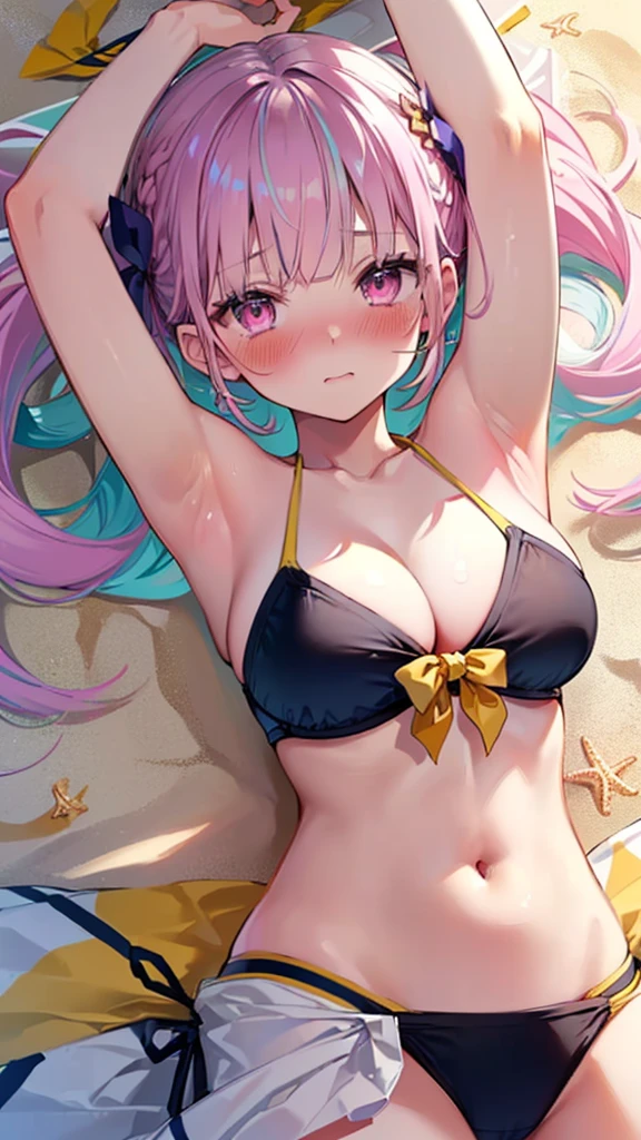 (best quality:1.2), (ultra detailed:1.2),(masterpiece:1.2),(8k:1.2),(ccaqua, twintails, drill hair),(Blessed,Captivating body、Ultra detailed hands、Ultra-detailed eyes、Ultra-detailed skin、ultra-detailed face,Detailed Background),One Girl、(sandy beach, beach bed ,lie down,arms up:1.5),(embarrassed,blush:1.5)