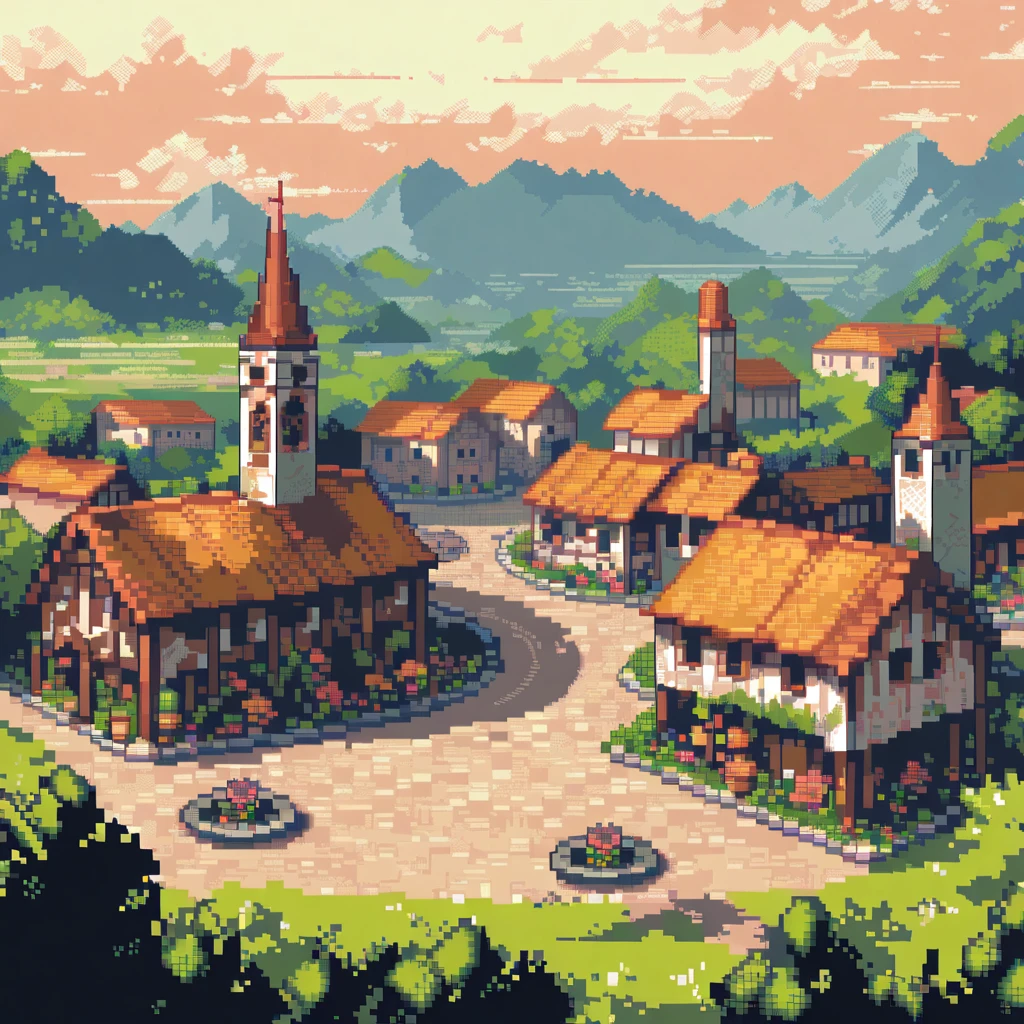 (Artwork, Highest quality:1.2), Pixel art, 2d, flat , Overlooking ,Village square