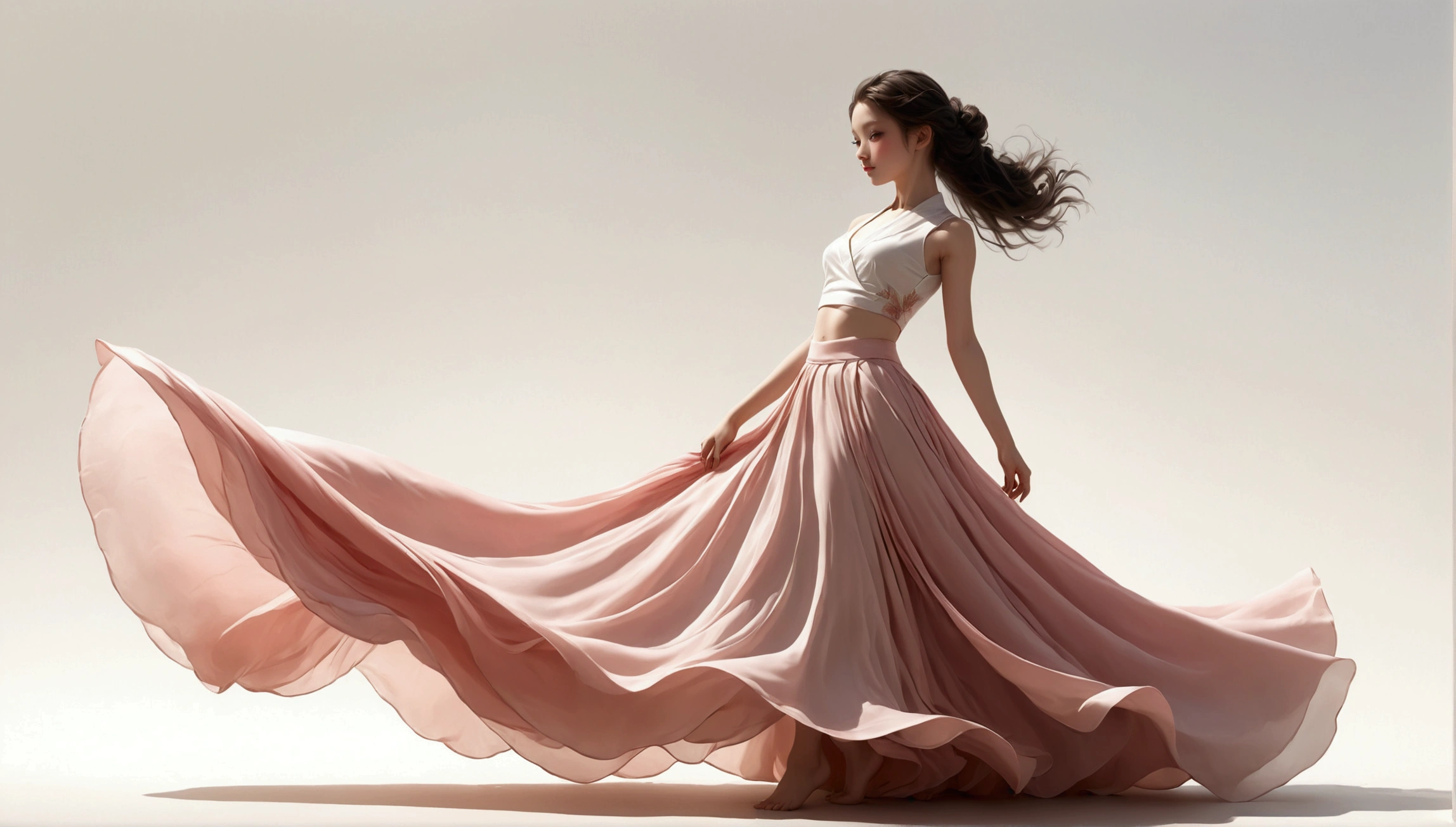 Dance photography;A dancer,Solitary;A in a gorgeous long dress,Princess dress,Chinese style skirt,pink,Conservative style,Smudged skirt hem;The movements of the dance;elegant,Flexible skirt;Long hair shawl。Full body view,front; Simple style;Minimalism。White background,Pure white background;Panoramic photography;Depth of Field, Extraordinary details, masterpiece, high quality, 4K,cinematic lighting, motion blur, depth of field, sparkle, ray tracing, reflection light, anatomically correct, uhd, textured skin, best quality, super detail, highres, high details, accurate, high quality, award winning。