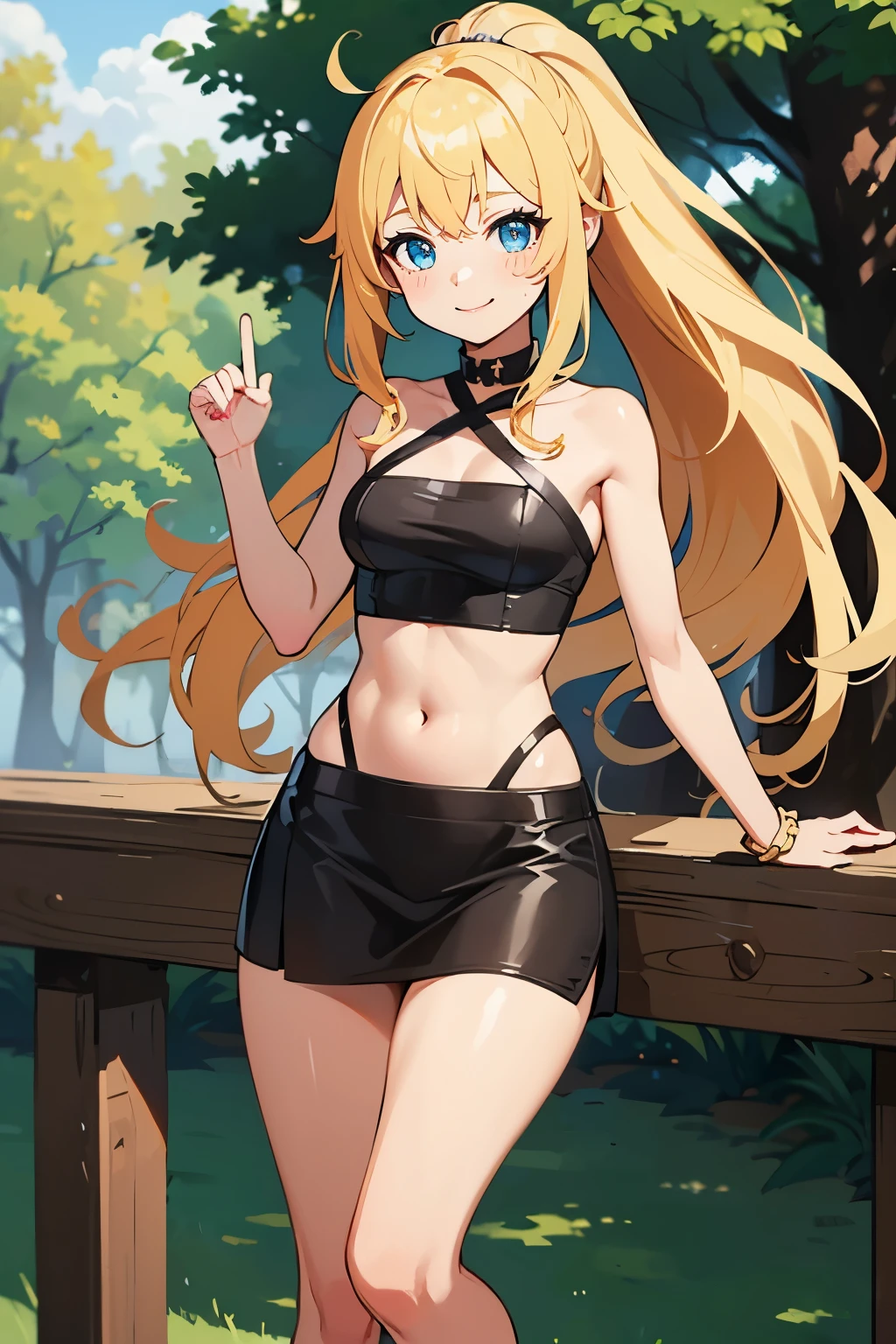 Safe for work, masterpiece, best quality, solo, 1 girl, cute girl, wholesome girl, (young female body:1.4), ( medium small breasts), cowboy shot, shy smile, flustered, yellow golden hair, extra long hair, thick wavy hair, hime cut, very blunt bangs, light blue eyes, white compression top, white tube top, black skirt, knee high socks, forest background, high ponytail, short black skirt,