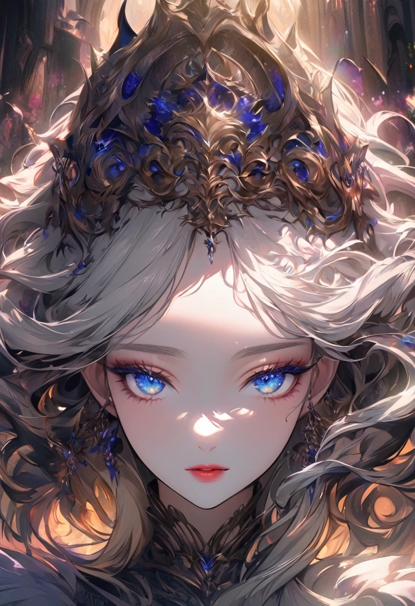 dark style, sakimychan style, Wlop style, portrait, Delicate face, Beautiful woman, Full lips, elf, 12th century, blue eyes, Briot, Lord of the Rings armor, white hair, Nearly perfect, Beautiful anime style, Clean Delicate face, glowing shadow, beautiful gradient, Depth of Field, Clean Graphics, high quality, High Detail, HD, Luminous Studio graphics engine