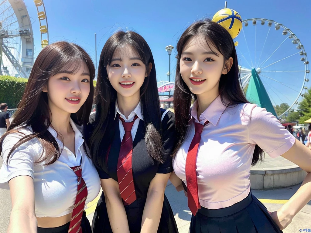 (A super cute Korean schoolgirl takes a commemorative photo with her two beautiful best friends:1.2)(laughing:1.2)(Beautiful Sweat:1.1)(16K, RAW Photos, Highest quality, masterpiece: 1.2),(Her shiny, beautiful black bob hair sways softly in the wind.:1.1) Super detailed, Super Resolution, (Genuine, Genuine photos: 1.37), Portraiture, High-resolution RAW color photos, Professional photos, Very detailed, 8k wallpaper, Very detailed CG Unity 8k wallpaper, Very detailed beautiful girls, Very detailed faces, ((whole body)), beautiful woman, Huge breasts,(huge boobs:1.1) (Big Boobs:1.1), beautiful  (Cute school uniforms,School-designated summer short-sleeved shirt＆Red tie and shirt uniform),high school girl, Korean Girls,(K-POP Female Idols), (Idol-class beauty)(Beautiful high school girl:1.1)(In front of the giant attraction at an amusement park on a sunny day)((16 years old)(Date:1.2)(Group photo:1.2)