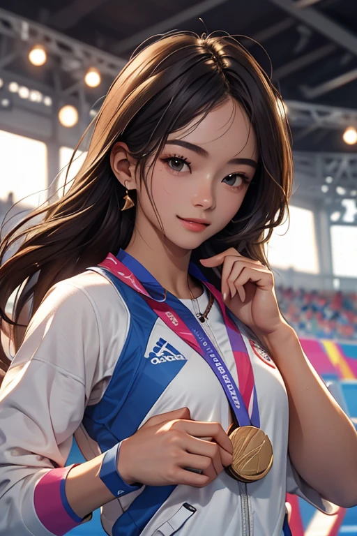 Highest quality、masterpiece、High sensitivity、High resolution、Detailed Description、Slender women、Paris Olympics、Winning the Gold Medal、Podium、