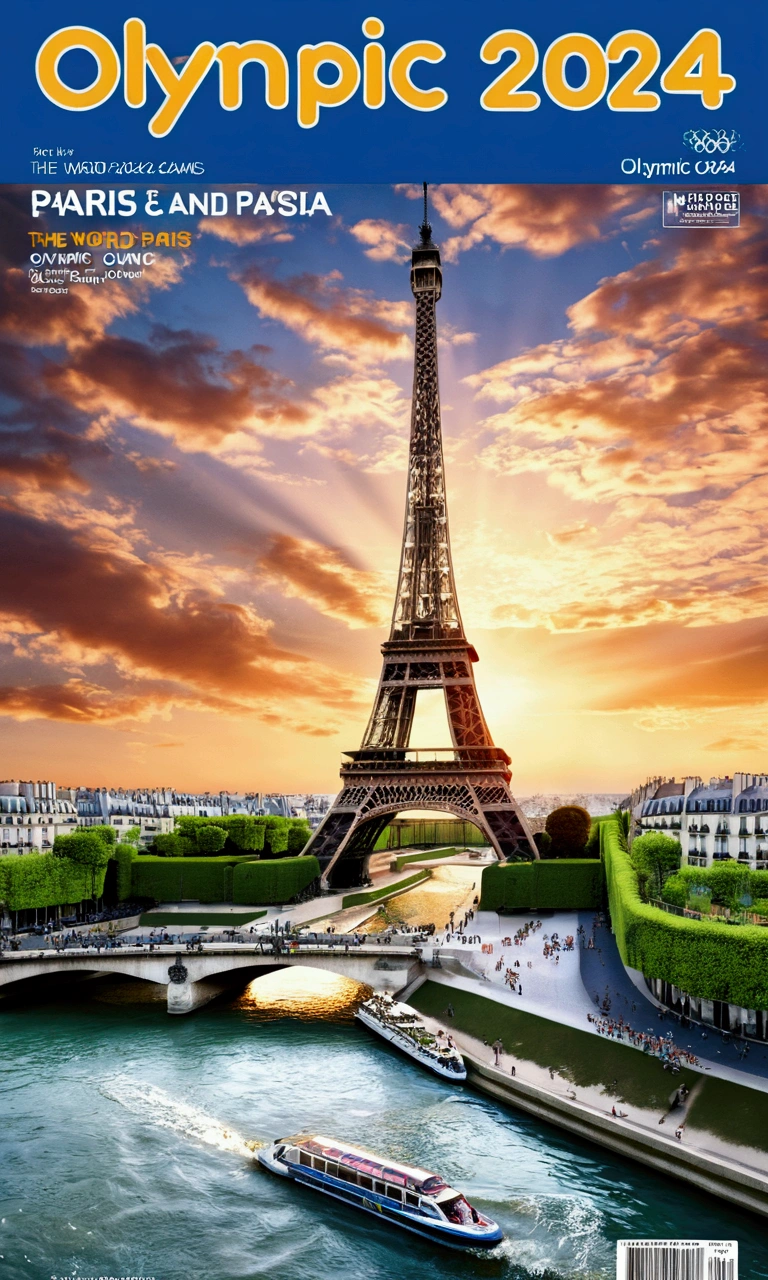 Olympic Games magazine cover, (the word 'PARIS' and '2024' and 'Olympic' written:1.5), "PARIS 2024 Olympic Games" Feature, best quality, (masterpiece:1.2), high quality, Highres, (hyper detailed), photorealistic, 4K, ultra HD, insanely detailed and intricate, Eiffel Tower, Seine River, fireworks,