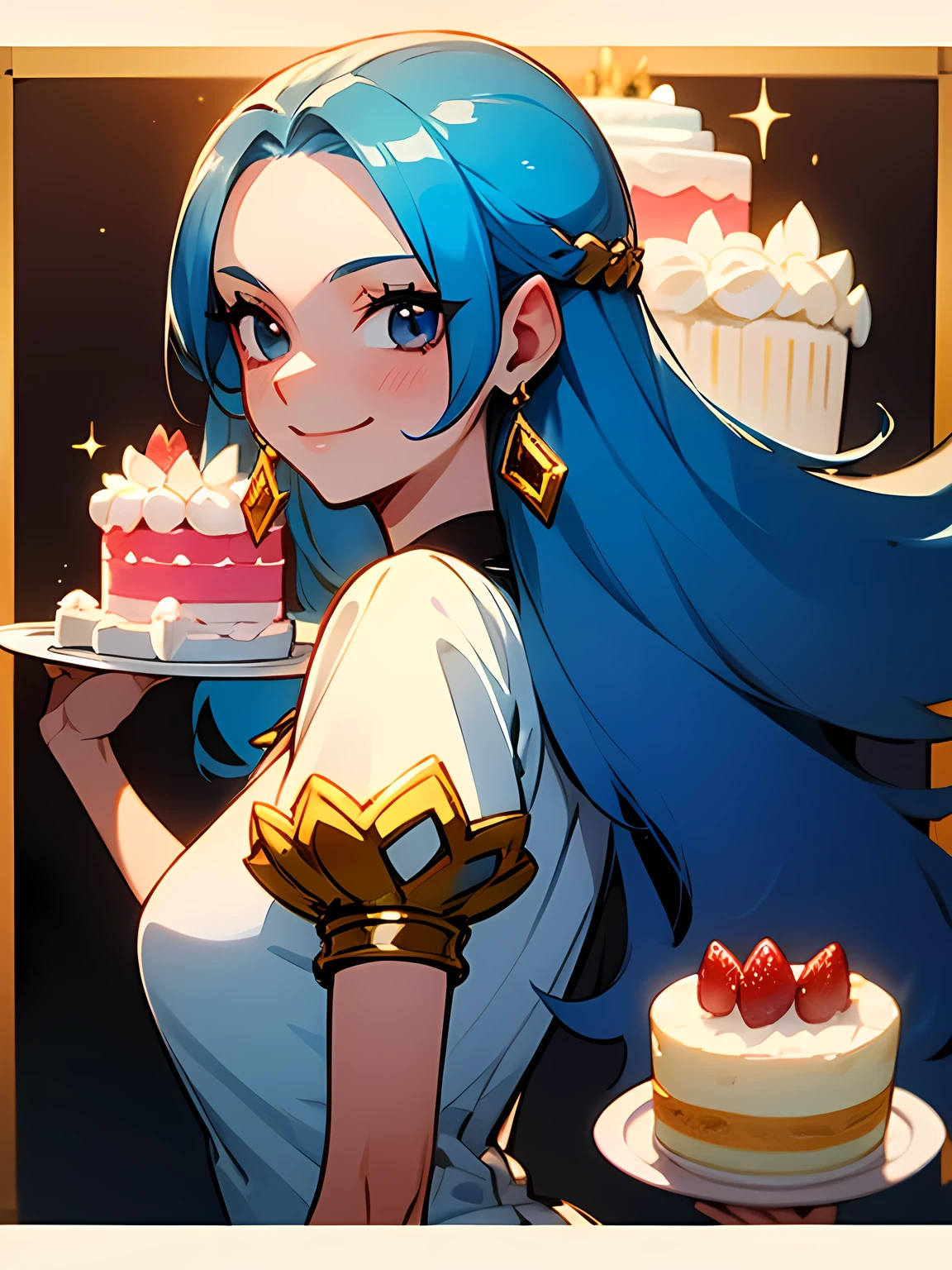 sideview,looking at viewer:1.2,solo,upperbody,(NefertariVivi),blue hair,happy,delicious smile.Highest quality 、gorgeous cake、