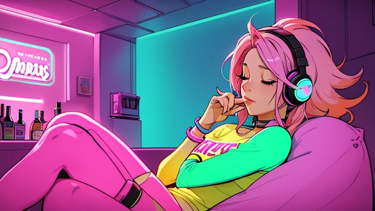 A beautiful pink-haired woman in her twenties is wearing headphones in a room decorated in neon colors with a slight purple tint.、Sitting. , close your eyes, LOFI Girl, relaxed mood, comfortable, Only 5 fingers, Las Vegas, bar