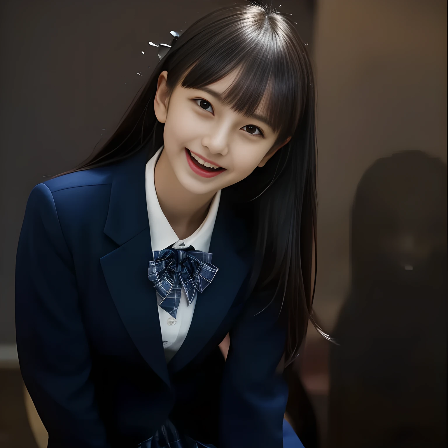 (Highest quality, masterpiece:1.2), Highest quality, High resolution, 1080P, 8k, height: 158cm, ((A noble, graceful and intelligent  Japanese young idle who has a best proportion)), ((So sweet, very noble, neat, and pretty 14yoapanese beautiful fashion magazine model: 1.6)), ((((Very pure white face and limbs)))), Glossy Lips, (Evenly cut curled bangs), ((Very beautiful, droopy, cute, pure, noble, intelligent brown eyes with detailed: 1.6)), ((Super long, black straight hair )), (Very shiny, glossy Lips), ((Beautiful straight hair like a school promotion model)), Watch at you, ((Incredibly well organized, Rich facial expressions)), ((Plump and beautiful white skin and face)), ((Pure, clear, gentle brown eyes)), ((staring at me)), Glossy Lips, ((Noble and elegant)), Very beautiful blue skirt, ((Large upward-curving lips)), ((((Navy Japanese school blazer with noble golden emblem)))), ((Navy and sapphire blue Japanese school uniform)), ((Tartan check pattern dark blue pleated long skirt)), ((Cobalt blue string chest ribbon)), ((((An ecstatic expression of boundless joy)))), (((Beauty and fashion magazine for young girls))), ((Cute beautiful knees)), ((Well-shaped ample breasts)), ((Tilting his head and smiling)), ((many dark ghosts and wraiths are behind her: 1.5)), (Laughing loudly holding your stomach because the viewer is too funny: 1.0), ((Too beautiful woman: 1.6))