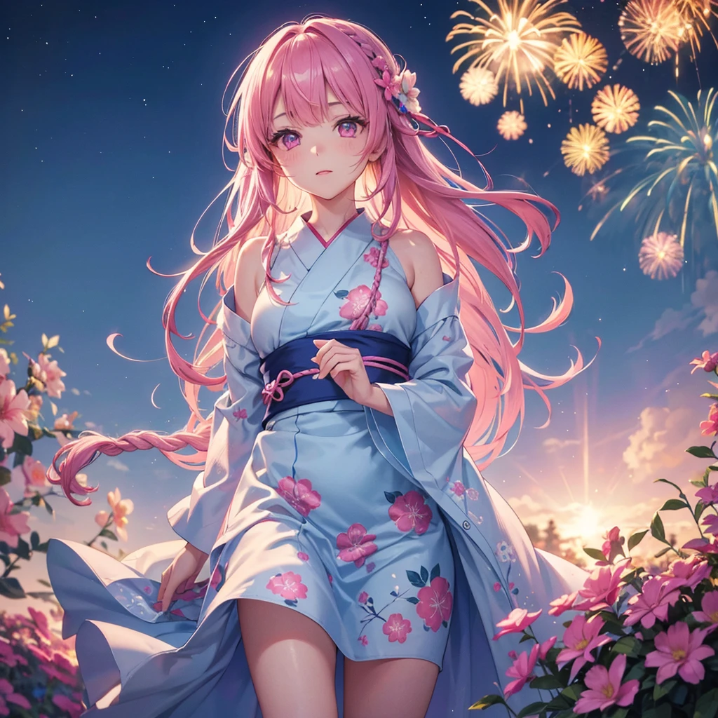 Sky Blue Medium Hair, (Braided Hair),(Pink Eyes),Fair skin ,(whole body),(1 girl)、Floral Yukata、summer night、Extra-large fireworks filling the night sky、Big fireworks、Straight bangs,(masterpiece, Highest quality, Very detailed, Best Shadow), (Detailed Background), (Beautifully detailed face), High Contrast, (Best lighting, Very delicate and beautiful), ((Cinematic Light)), colorful, Hyper Detail 8k, Dramatic Light, Intricate details,