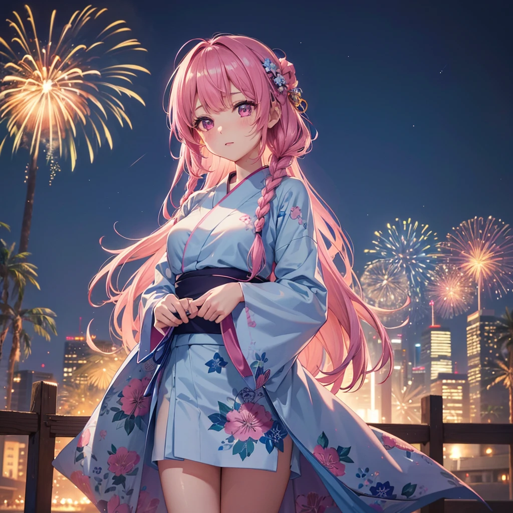 Sky Blue Medium Hair, (Braided Hair),(Pink Eyes),Fair skin ,(whole body),(1 girl)、Floral Yukata、summer night、Extra-large fireworks filling the night sky、Big fireworks、Straight bangs,(masterpiece, Highest quality, Very detailed, Best Shadow), (Detailed Background), (Beautifully detailed face), High Contrast, (Best lighting, Very delicate and beautiful), ((Cinematic Light)), colorful, Hyper Detail 8k, Dramatic Light, Intricate details,