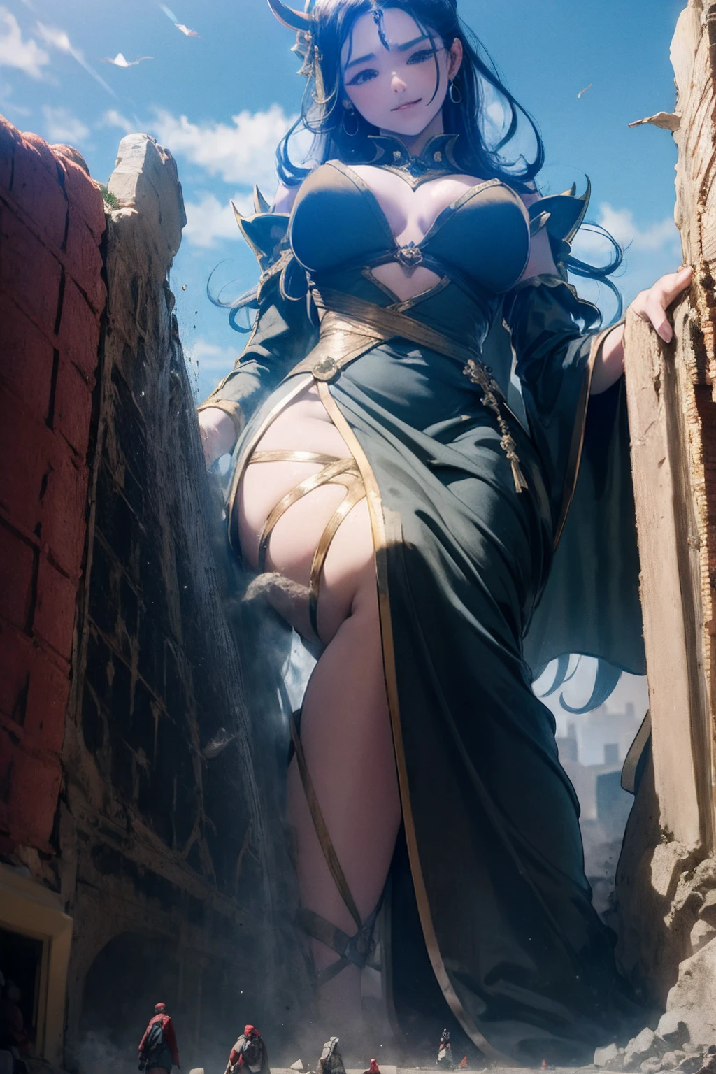 Spectacular views、giantess、Beauty、Queen、Huge body、Giant Feet、I can see your feet、Giantess、hellのQueen、smile、Villainess、Bad guy、Sit in the King's Chair、Large Breasts、Black long dress、Long black hair、Red eyes、smile、Rocky cave、lava、hell、Bottom of the Abyss、Low - Angle、Crowd looking up at woman from ground、Distant view of the earth、Distant view of the Earth、Last Boss、Boss Battles