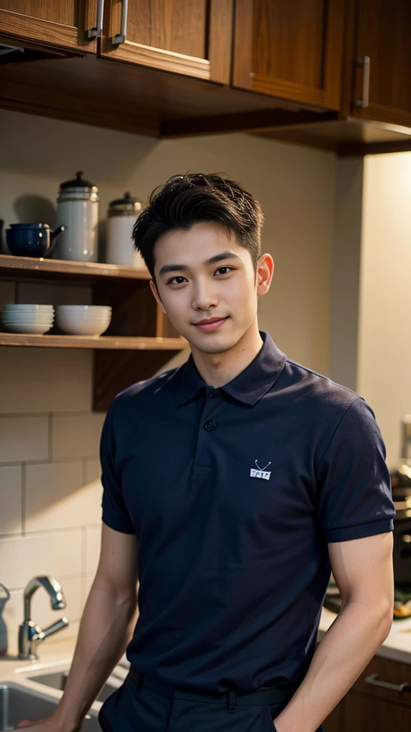 30 year old man, smile, (Wear a navy polo shirt..: 1.3), round neck, Short sleeve shirt), Caco pants ,young japanese, (high glossy details), , Broad shoulders, looking at the audience, Balancing the eyes, (Make eye contact),(in the kitchen: 1.3)