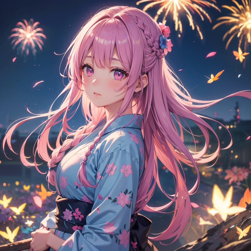 Sky Blue Medium Hair, (Braided Hair),(Pink Eyes),Fair skin ,(whole body),(1 girl)、Floral Yukata、summer night、Extra-large fireworks filling the night sky、Big fireworks、Straight bangs,(masterpiece, Highest quality, Very detailed, Best Shadow), (Detailed Background), (Beautifully detailed face), High Contrast, (Best lighting, Very delicate and beautiful), ((Cinematic Light)), colorful, Hyper Detail 8k, Dramatic Light, Intricate details,