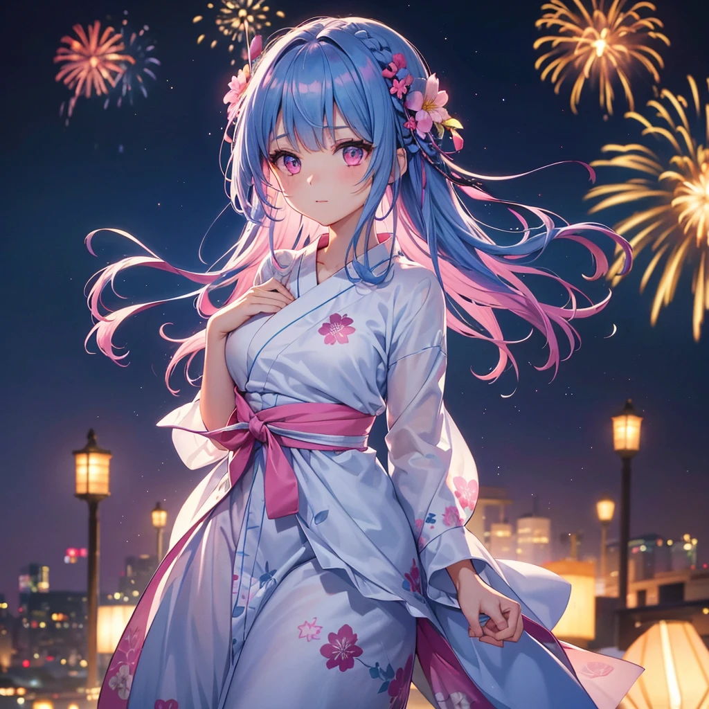 Sky Blue Medium Hair, (Braided Hair),(Pink Eyes),Fair skin ,(whole body),(1 girl)、Floral Yukata、summer night、Extra-large fireworks filling the night sky、Big fireworks、Straight bangs,(masterpiece, Highest quality, Very detailed, Best Shadow), (Detailed Background), (Beautifully detailed face), High Contrast, (Best lighting, Very delicate and beautiful), ((Cinematic Light)), colorful, Hyper Detail 8k, Dramatic Light, Intricate details,