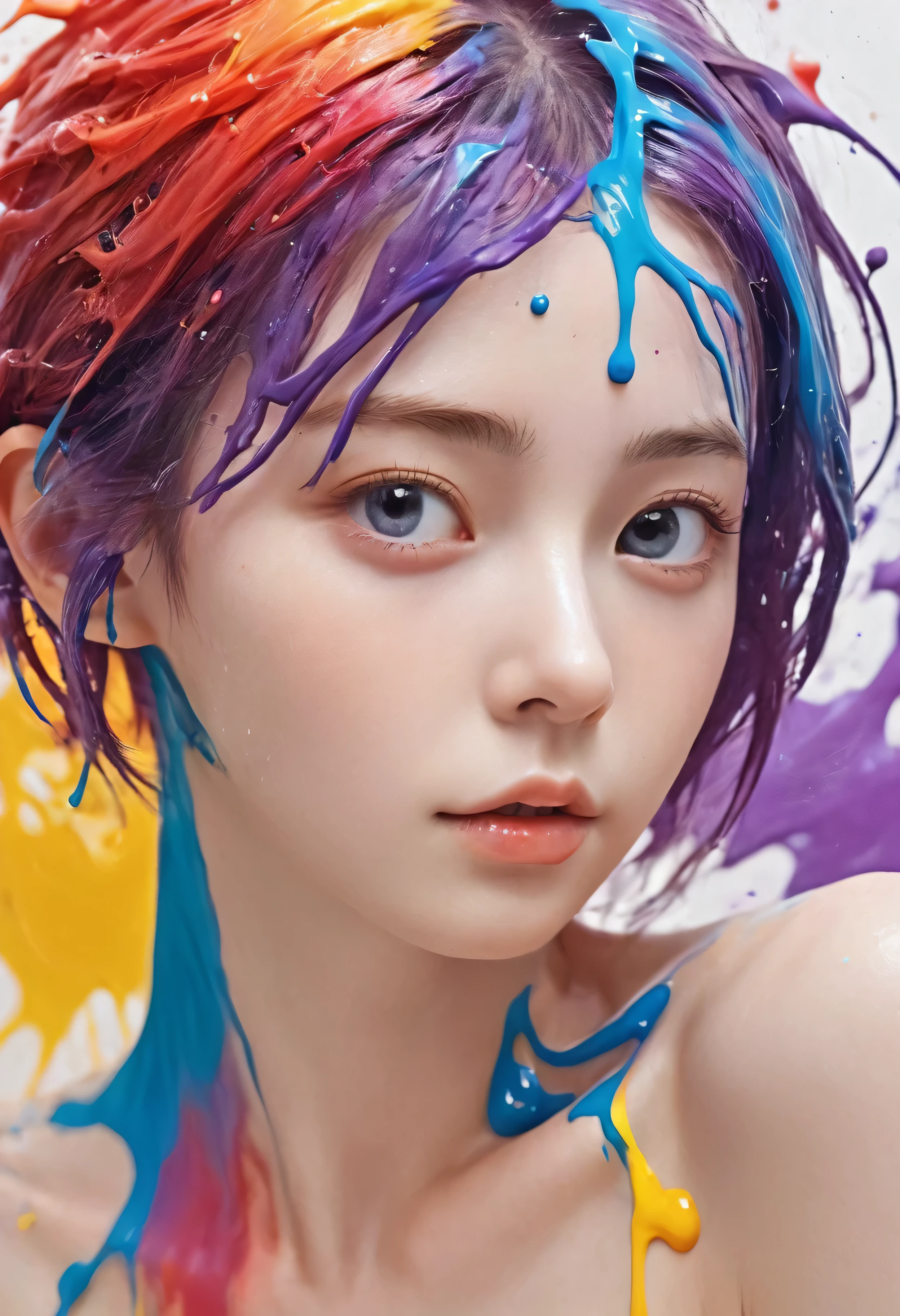(Level Difference:1.8),(Paints collide and splatter on the canvas),(Depth of written boundary),(Flat Color:1.1,(theme)),1 girl,Poster,, Young face, Embarrassed expression, Short Hair, Medium bust, (((She is having liquid dye applied to her naked body with a brush.:1.4))), ((I see many hands holding brushes:1.4)), (Liquid dye applied to naked skin:1.4), Full body woman love,Strong winds,thick smoke,,(liquid dye for rainbow hair:1.1) Painted,anti-gravity,stringy viscous liquid,(Paint splashes:1.3),liquidity,Stunningly beautiful, masterpiece, Detailed Background,Super high quality model, Fantastic Background,Abstract Beauty, Volume, Painting,Blowing,Romantic lighting,Scattered beneath the surface,Shine,8k,High resolution, wonderful,Ray Tracing,Human Development Report,Divine Light,(hard nipples erect:1.4), (nipples pointing up:1.4),