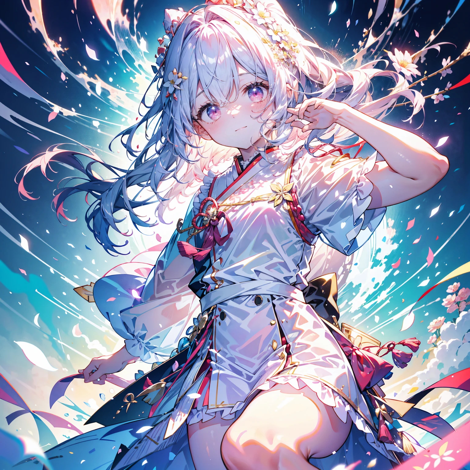 (Highest quality, masterpiece, Very detailedな, Very detailed, Exquisite, 16K,Full HD),(白colorのbackground:1.5),sheはグリーンの目と肩の上で編んだセミロングで淡いブルーとパープルの髪を持っています., Tied with a small ribbon, Red scrunchie, sheの髪のcolorは淡いブルーとパープルの２color, Worn with twin-tailed hair tied with red ribbons. she金の星のイヤリングを手に入れた. she、White ruffle trim、sheは淡いピンクのフリルのドレスを着ており、There is a pink lining strip in the center。。. White ribbon with a ruby heart on the chest, sheの腰には黄colorいリボンが巻かれています、Secure with a small heart、 sheの靴は赤colorです、Comes with white ruffled leg warmers that match the sleeves,(blue sky,morning sky,sunny),Magical Forest,flower,wood,flower畑,葉っぱとflowerびらが舞う,From above,((head shot)),画面いっぱいのflower,background:room,From above:1.1,
