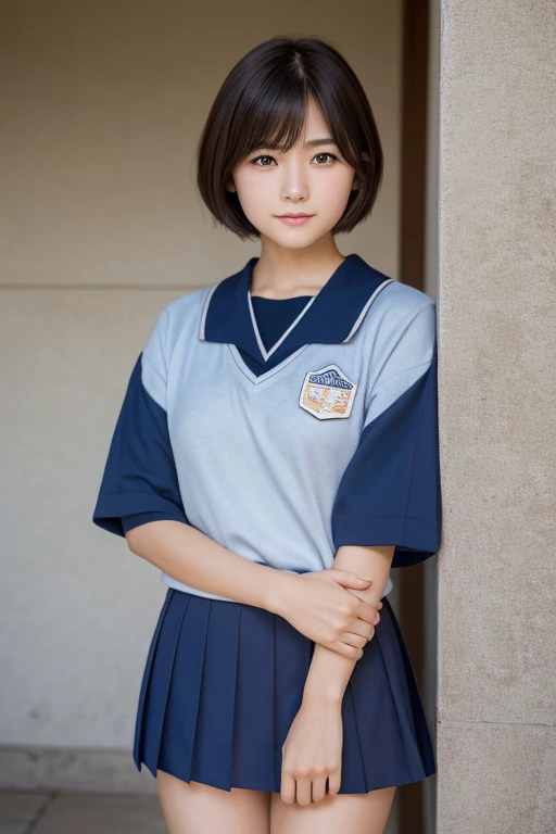 Highest quality, Face Focus, Soft Light, Ultra-high resolution, (Realistic:1.4), RAW Photos, 1 Japanese girl, alone, cute, (A shy smile:0.5), (Brown eyes, Light in your eyes), Beautiful face in every detail, (Small box),(High resolution detail of human skin texture), (Short Bob Hair), break, In the classroom,Navy uniform, Best, skirt